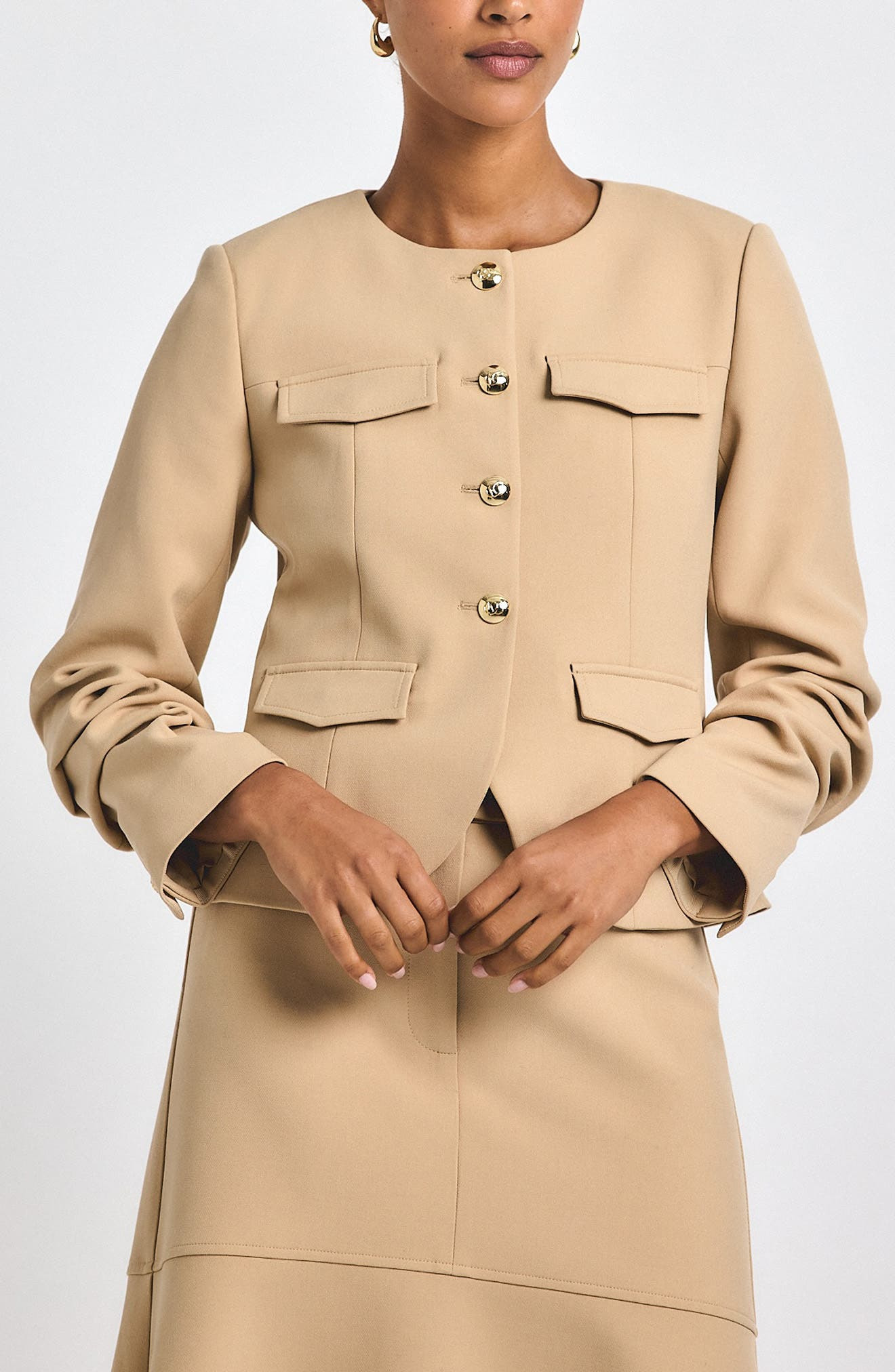 Derek Lam 10 Crosby Novessa Ruched Sleeve Jacket in Camel at Nordstrom - 1