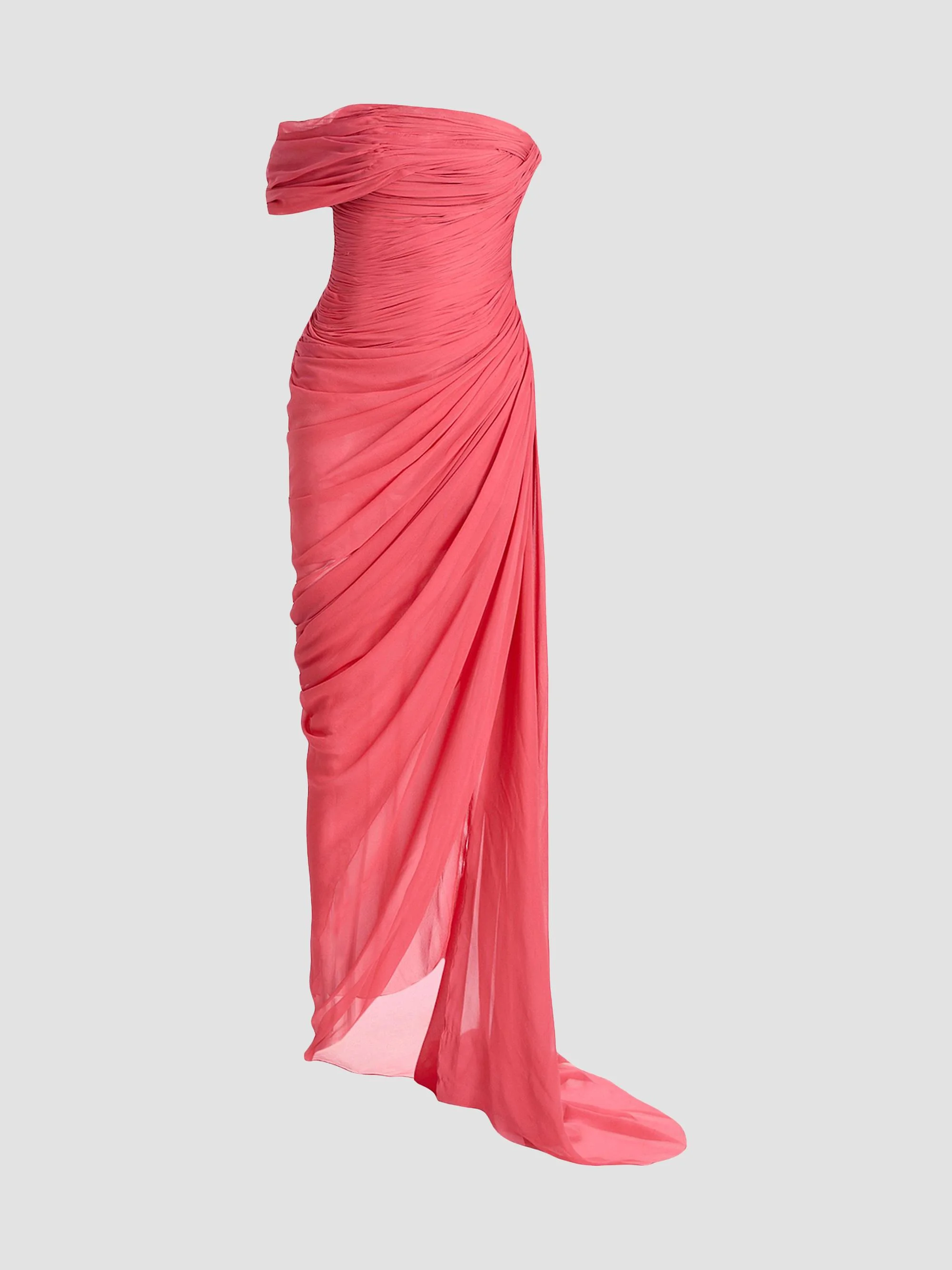 Women's Off-The-Shoulder Draped Silk Chiffon Gown - Guava - 1