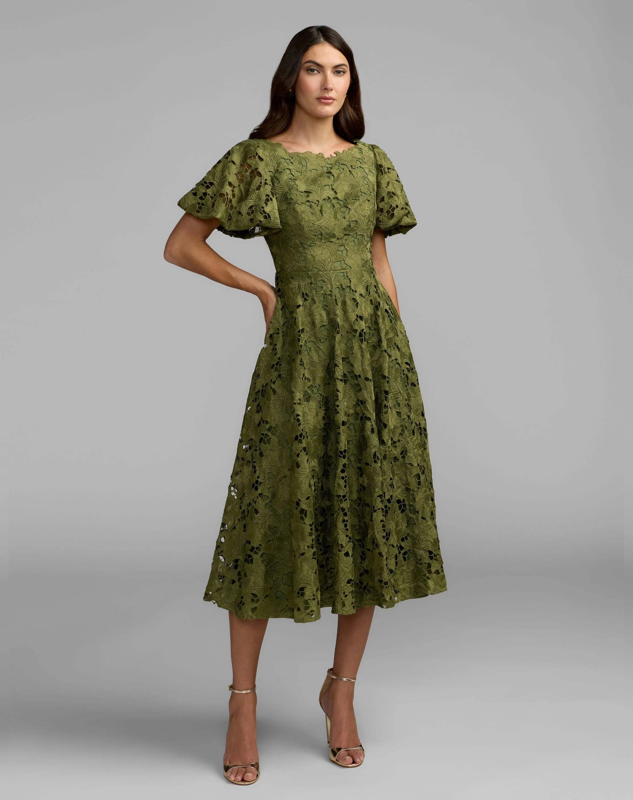 Olive Floral Lace Flutter Sleeve Midi Dress - 1