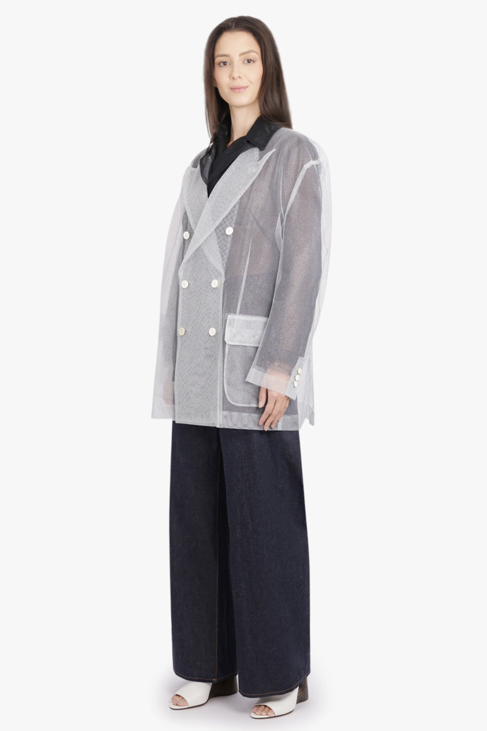 LAYERED DOUBLE BREASTED TULLE X ORGANZA JACKET | BLACK/SILVER - 2