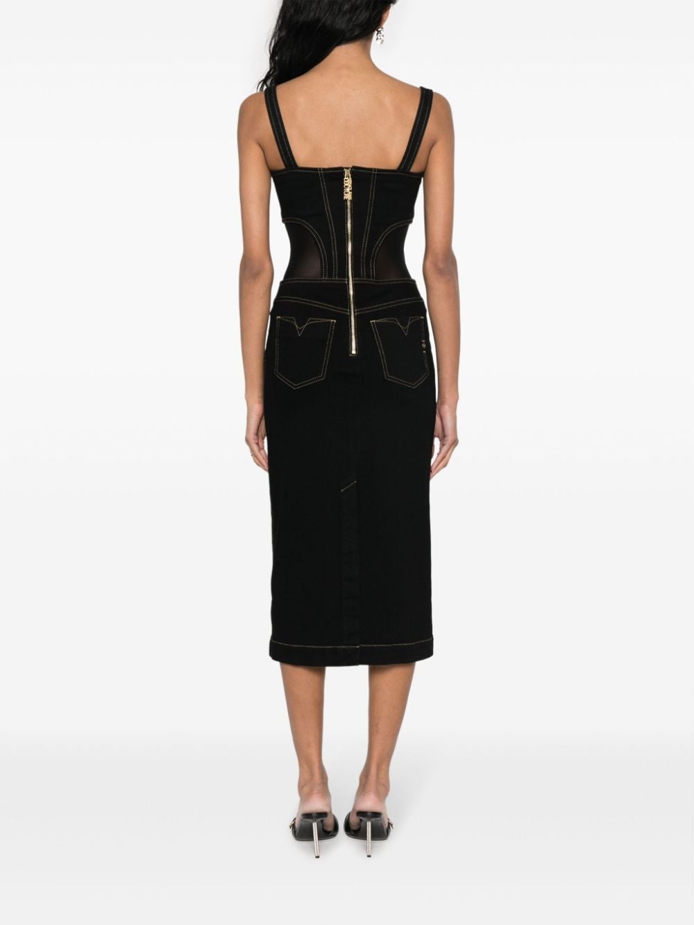 contrast-stitching denim dress - 4