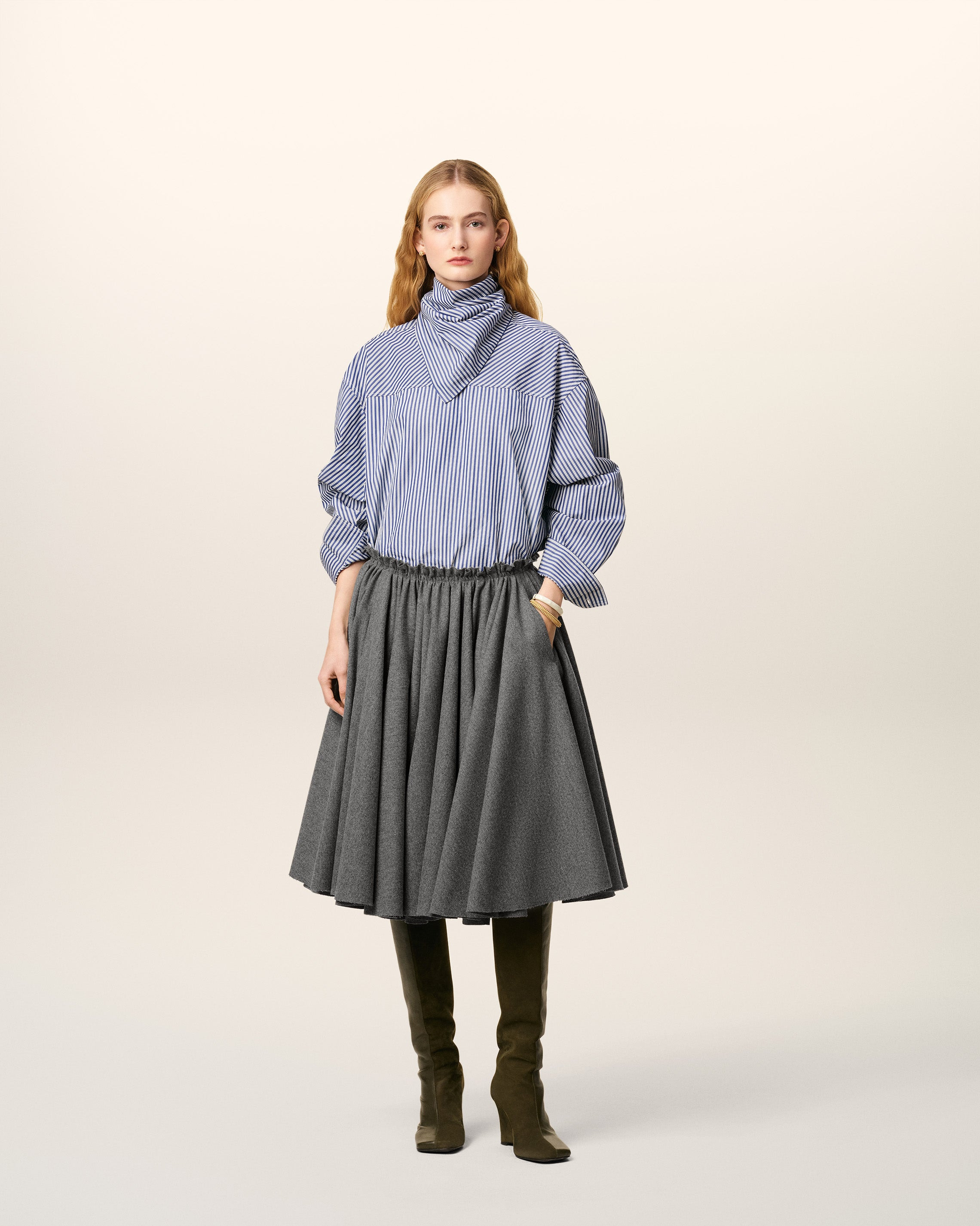 GREY WOOL MIDI COROLLA SKIRT - 2