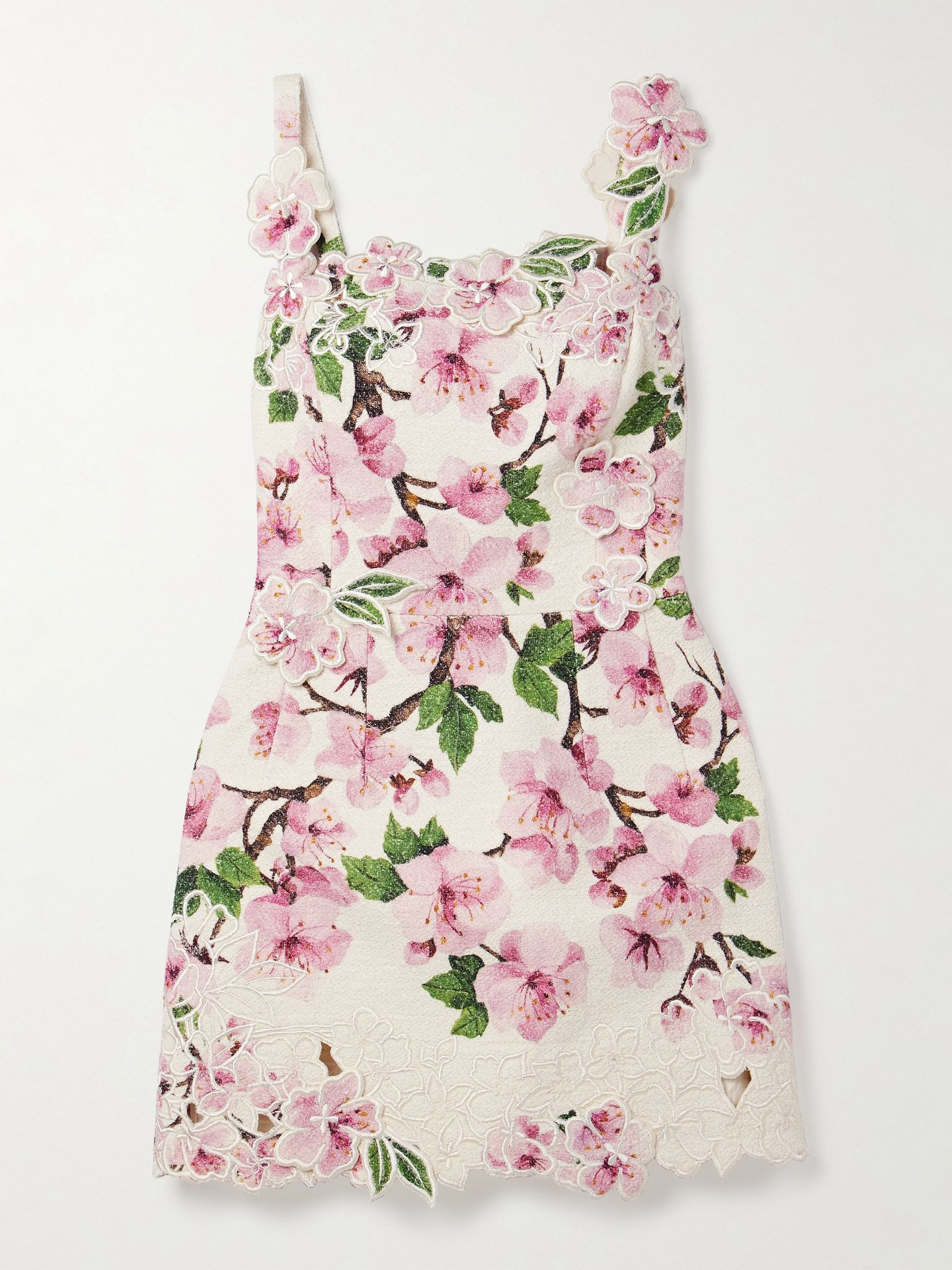 Appliquéd floral-print cotton-blend bouclé mini dress White - 1