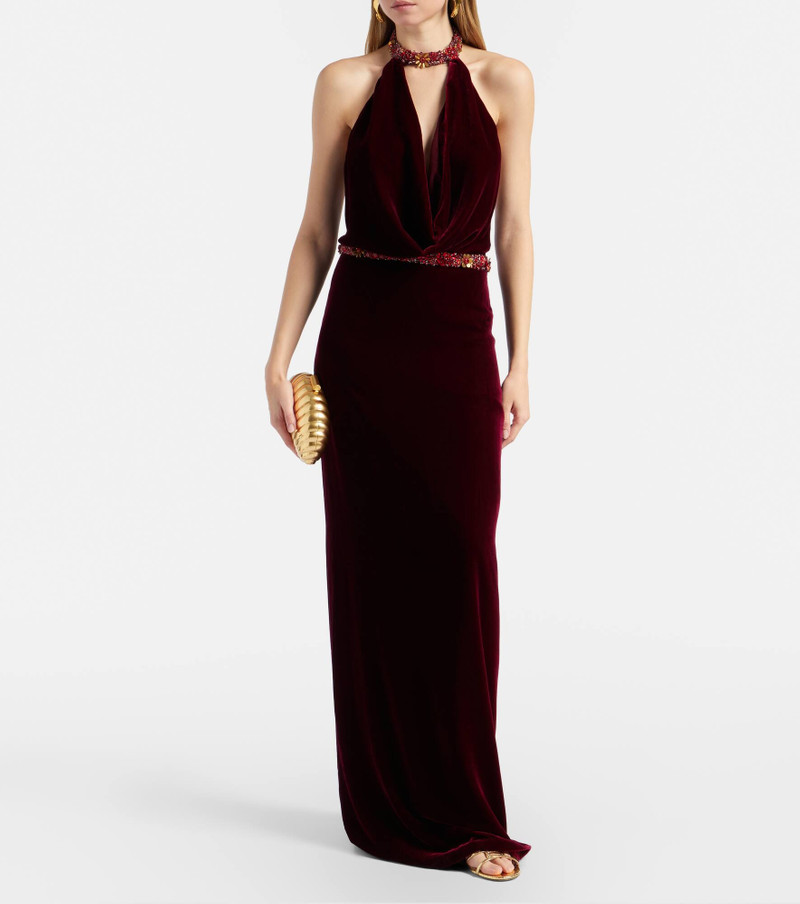 COSTARELLOS Draped embellished halterneck velvet gown outlook