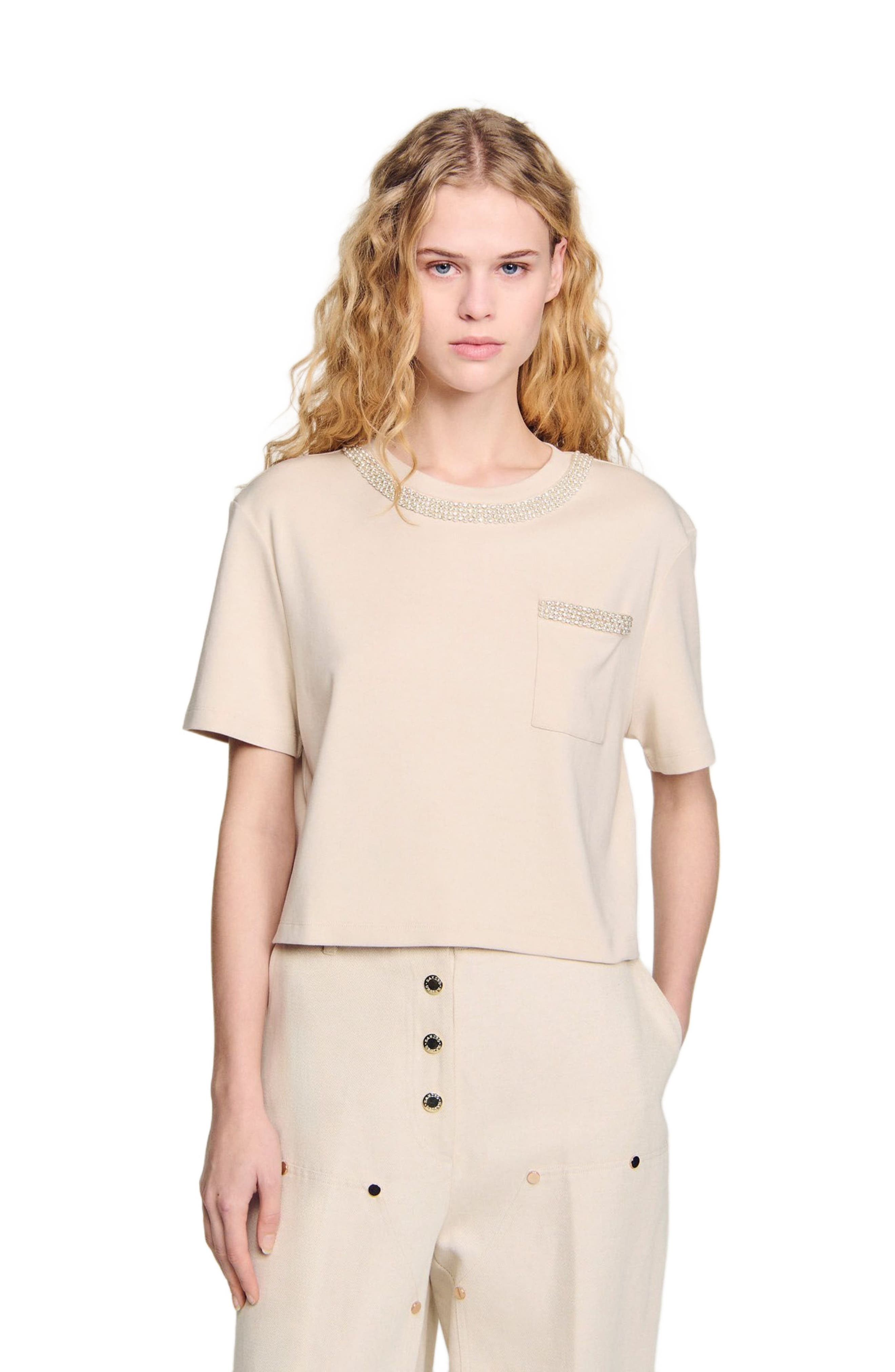 SANDRO T-shirt with rhinestone details in Beige at Nordstrom - 1