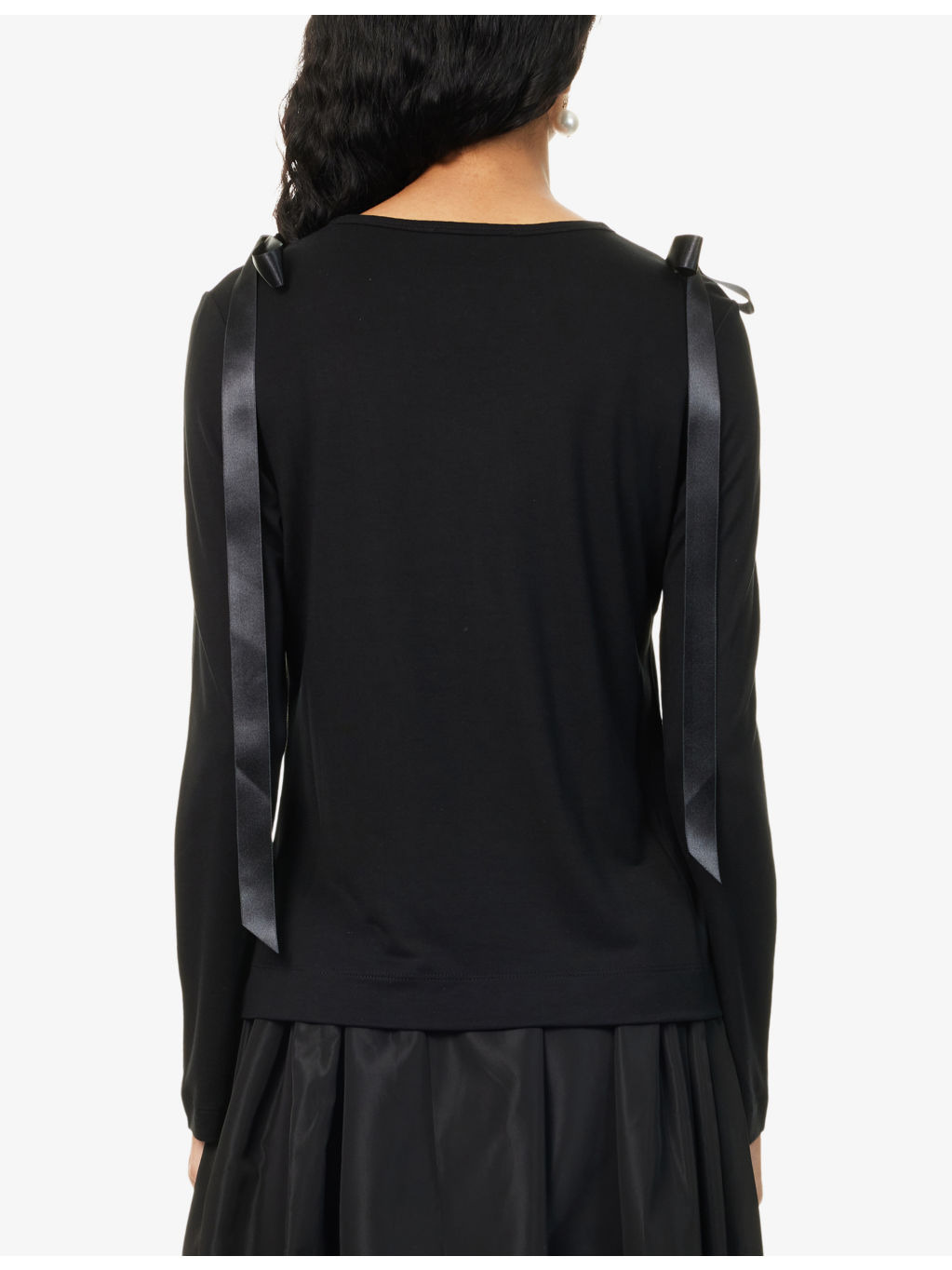 Bow-Ribbon Long-Sleeves Woven T-Shirt - 4