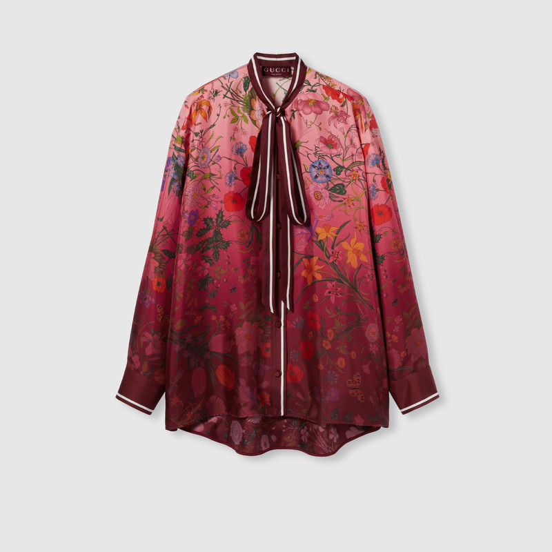 Printed silk shirt with neck bow 1