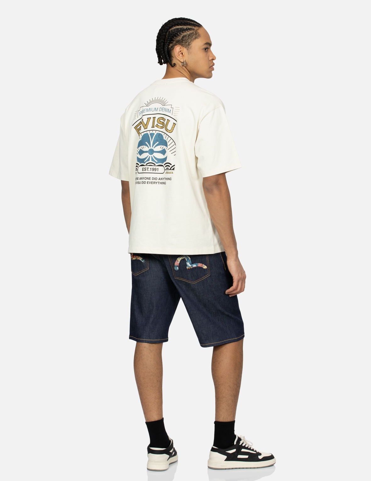 THE GREAT WAVE AND KOI SEAGULL EMBROIDERY RELAX FIT DENIM SHORTS - 3