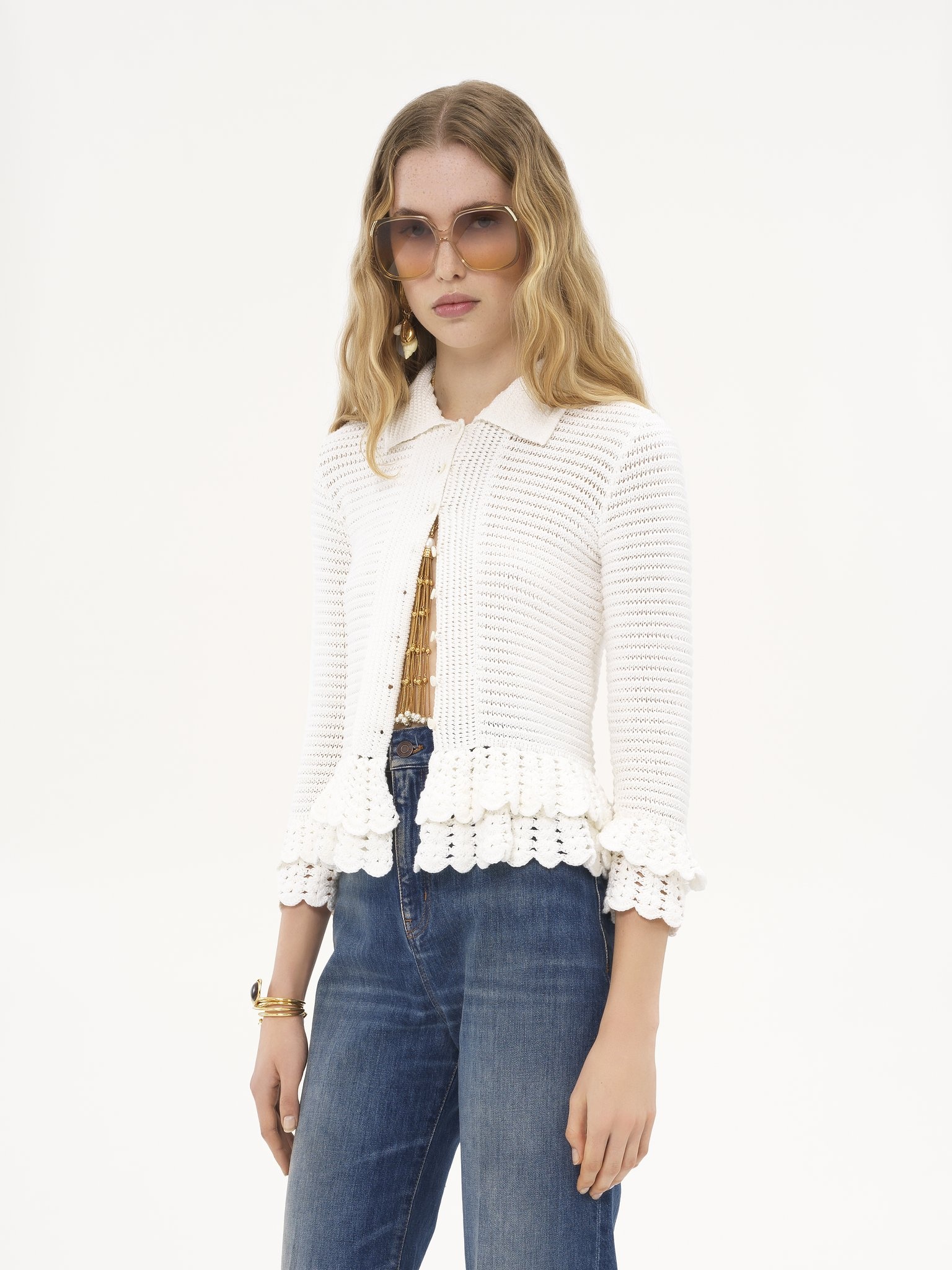 FITTED RUFFLED CARDIGAN IN CROCHET KNIT - 4