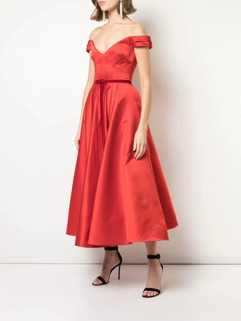 Marchesa OFF-THE-SHOULDER SATIN CORSET TEA LENGTH MIDI GOWN outlook