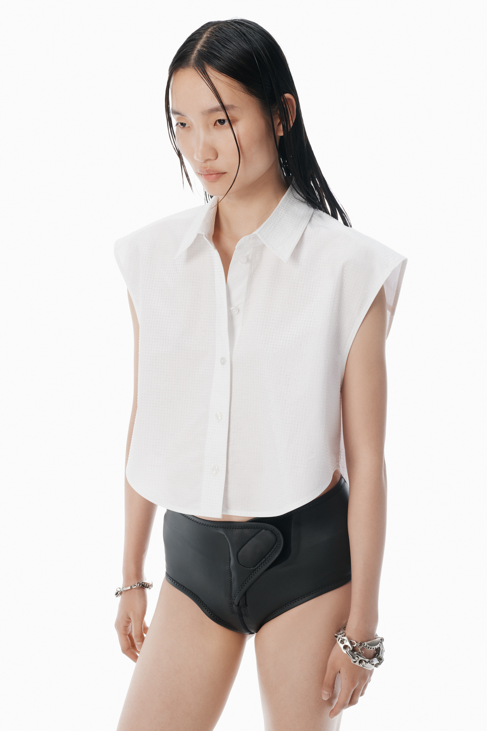 White Crystal Hotfix Cropped Shirt - 3