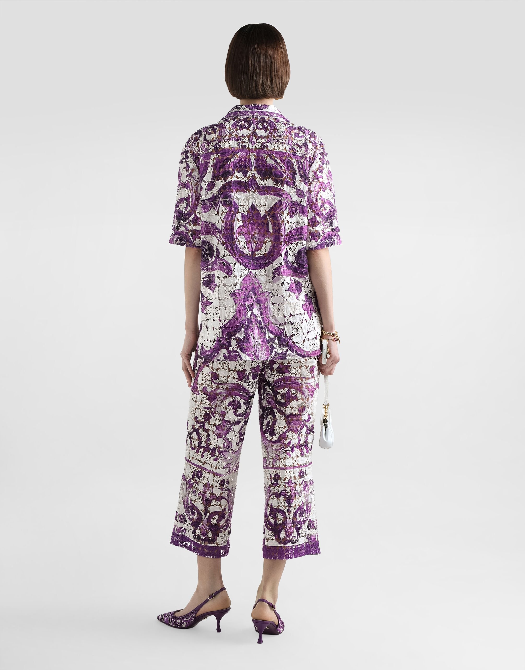 Majolica-print crochet lace trousers - 3