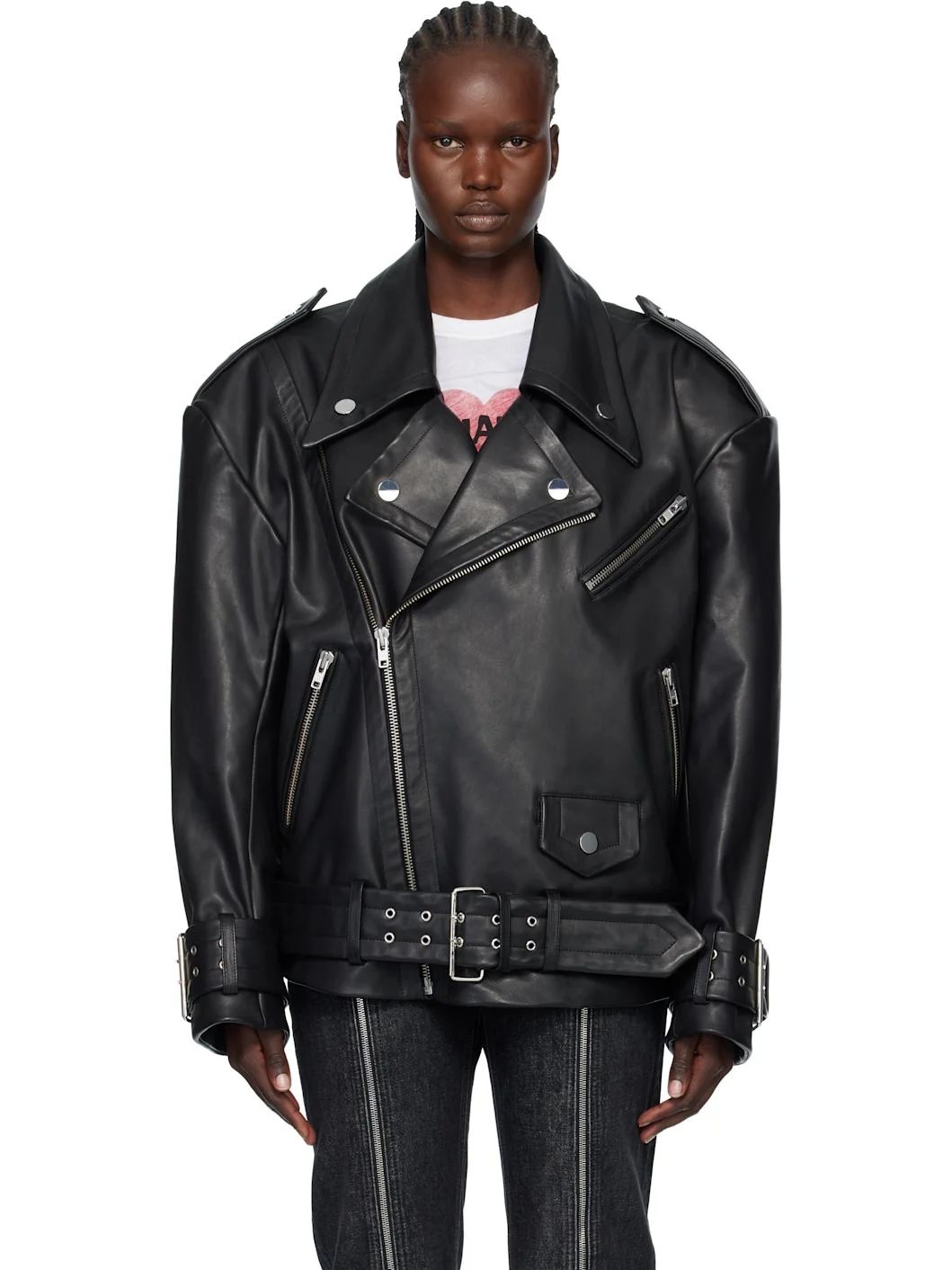 Black Oversized Moto Leather Jacket - 1