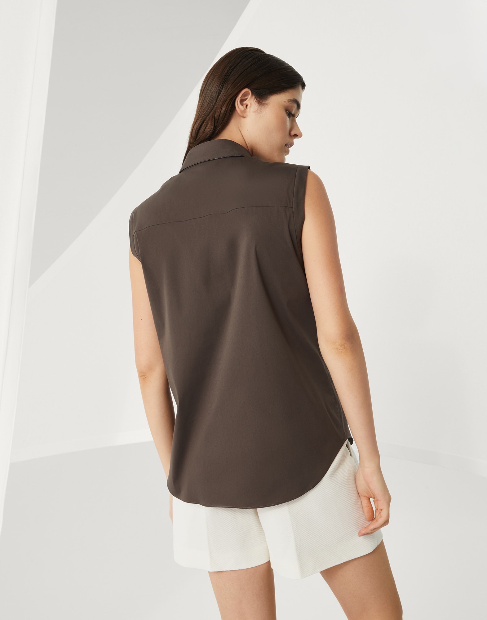 Stretch cotton poplin sleeveless shirt with shiny trim - 2