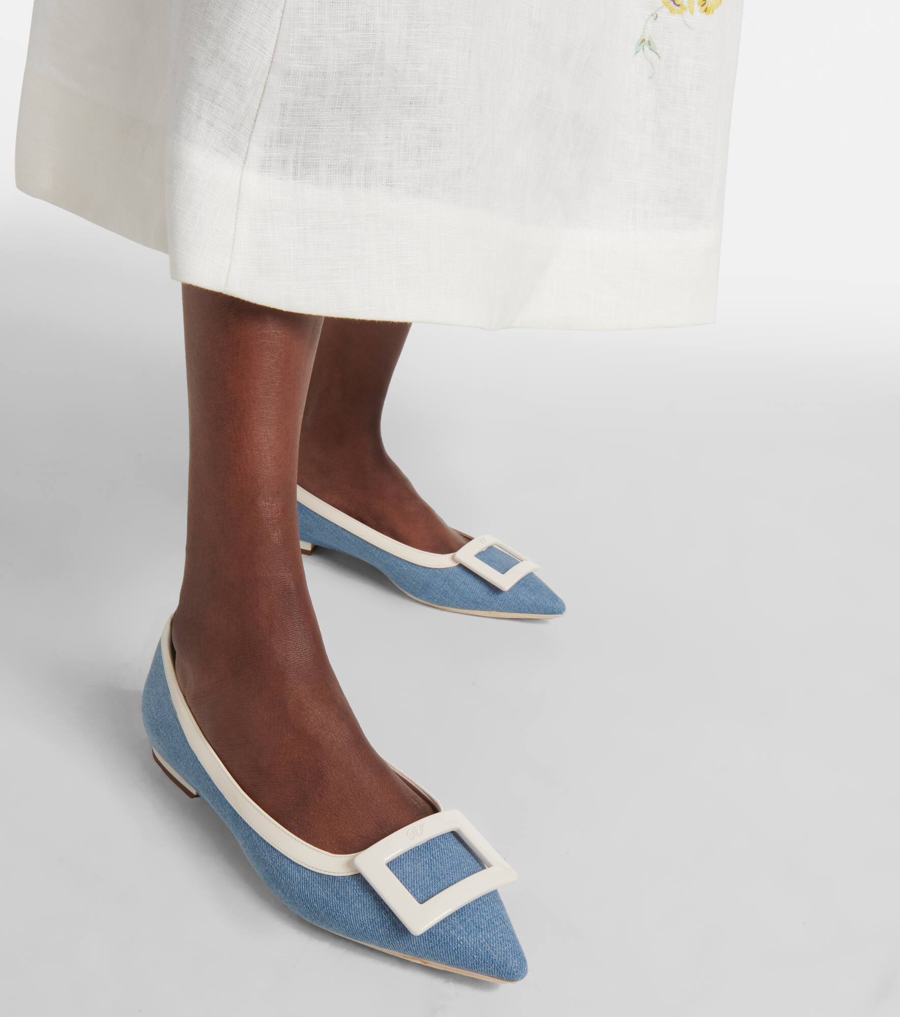 Leather-trimmed denim ballet flats - 4