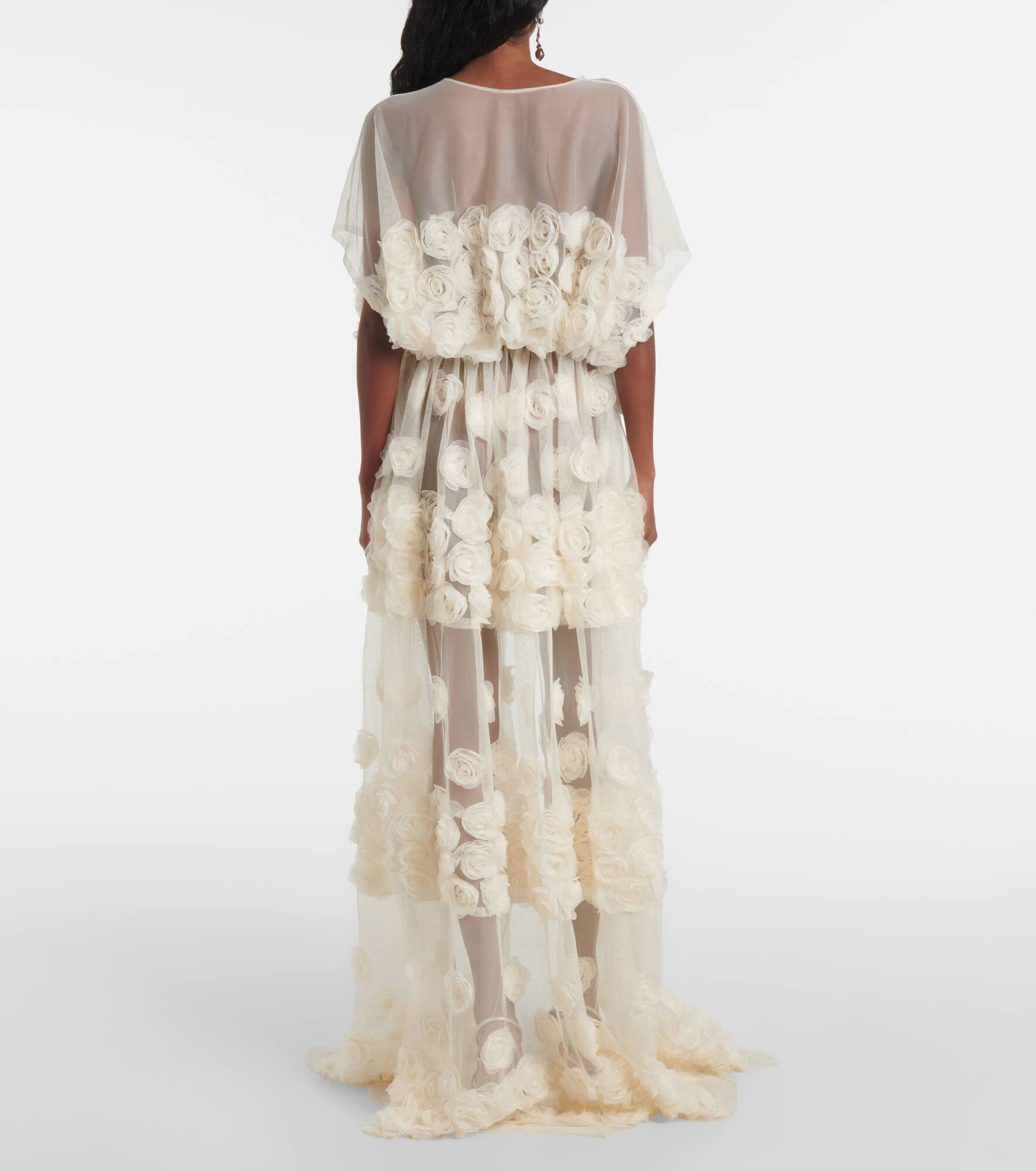 Floral-appliqué belted sheer gown - 3