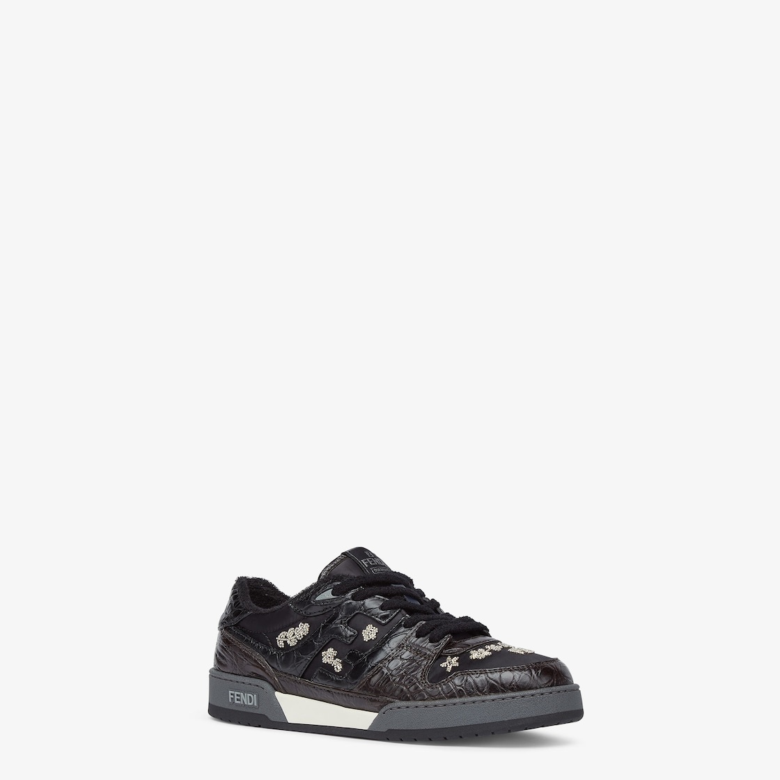 Fendi Match lace-up sneakers. Made of dark brown caiman with black nylon details. Embellished with b - 2