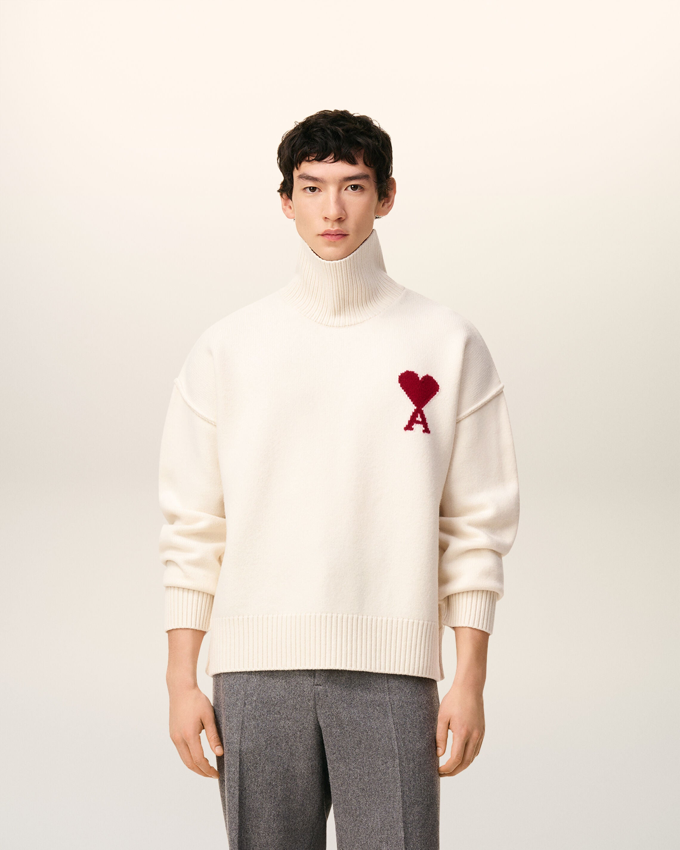 WHITE WOOL AMI DE COEUR FUNNEL NECK SWEATER - 2