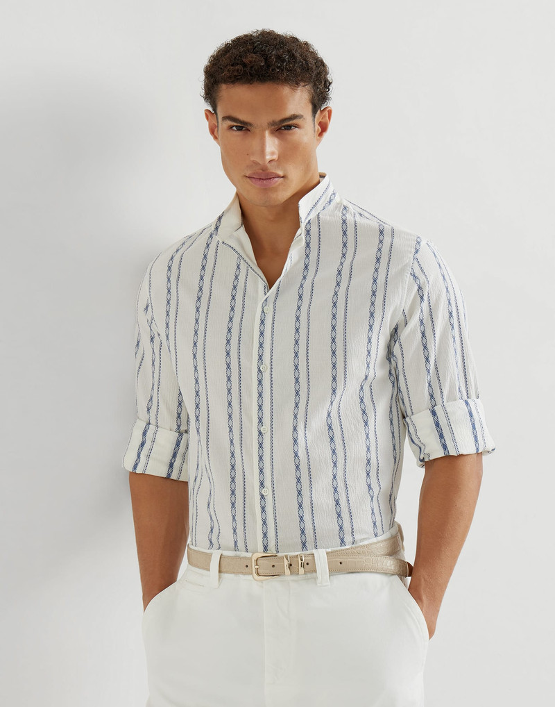 Ethnic stripe seersucker easy fit shirt with Mandarin collar 2
