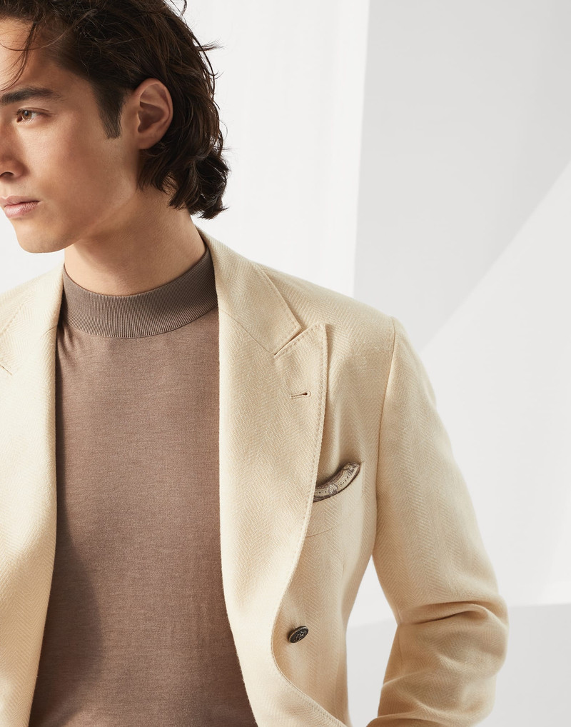 Wool, silk and linen chevron one-and-a-half breasted deconstructed blazer with metal buttons 3