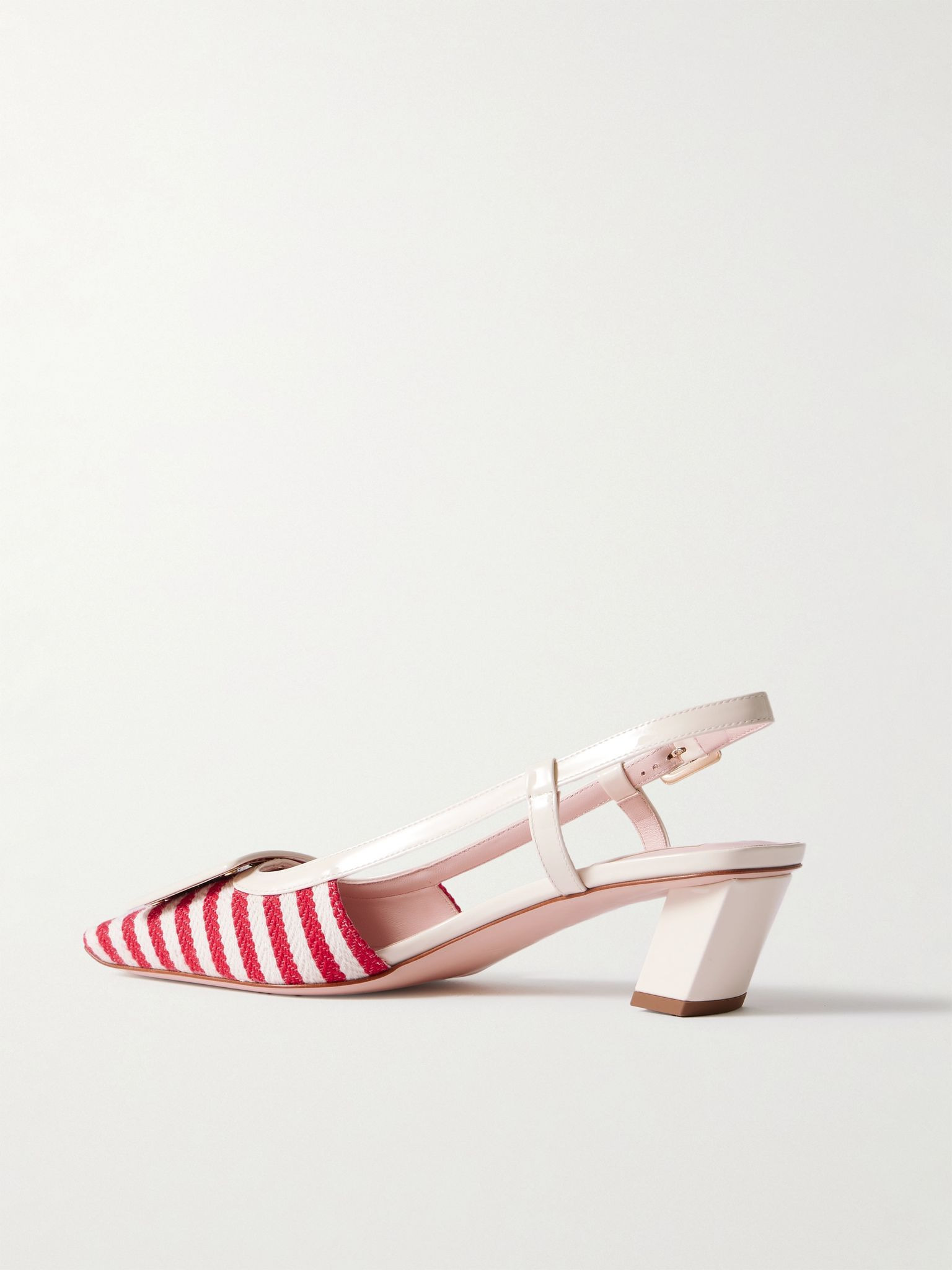 Belle Vivier 45 patent-leather trimmed striped canvas slingback pumps Pink - 3