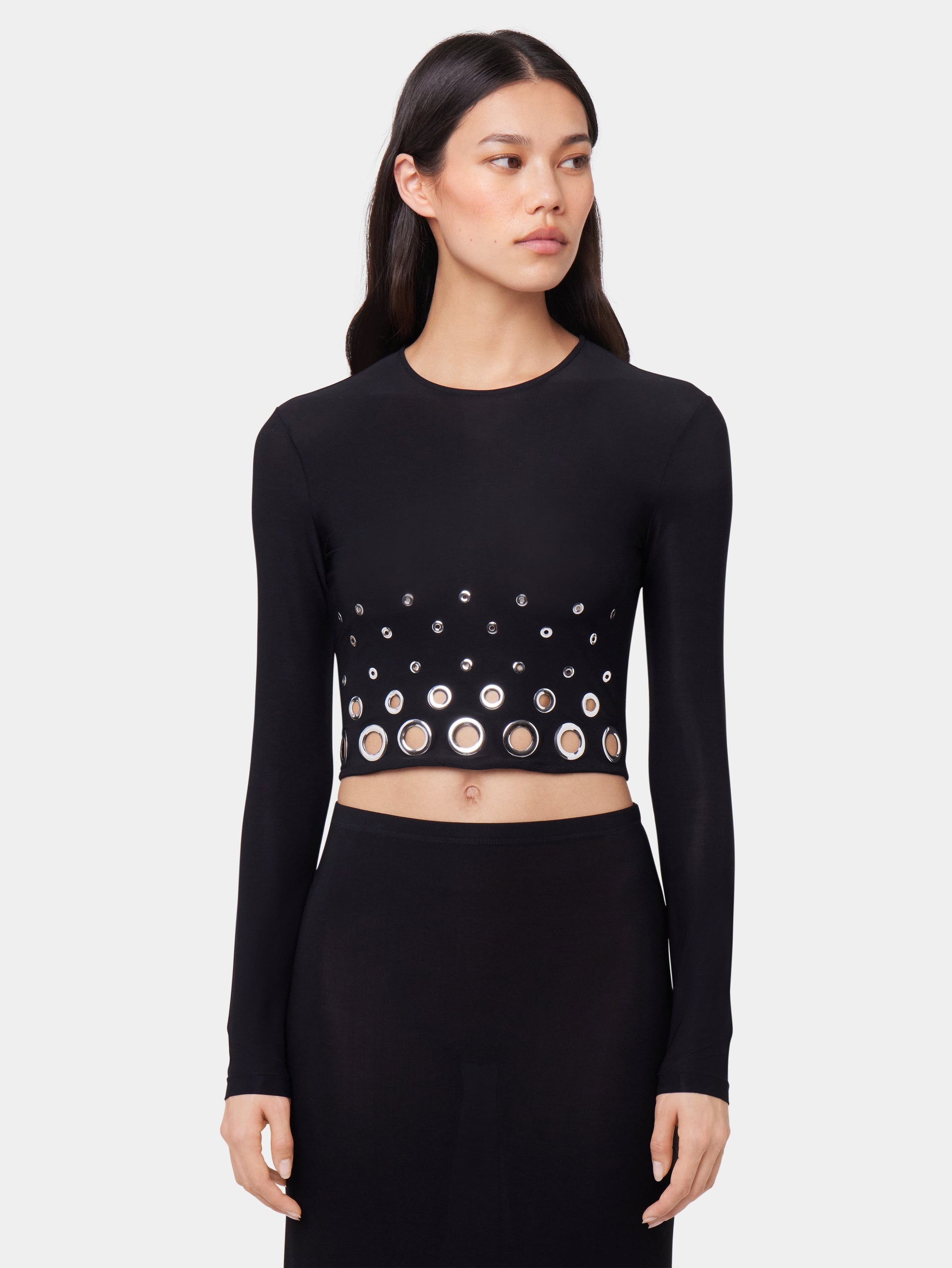 BLACK LONG SLEEVED CROP TOP IN JERSEY SECOND SKIN - 3