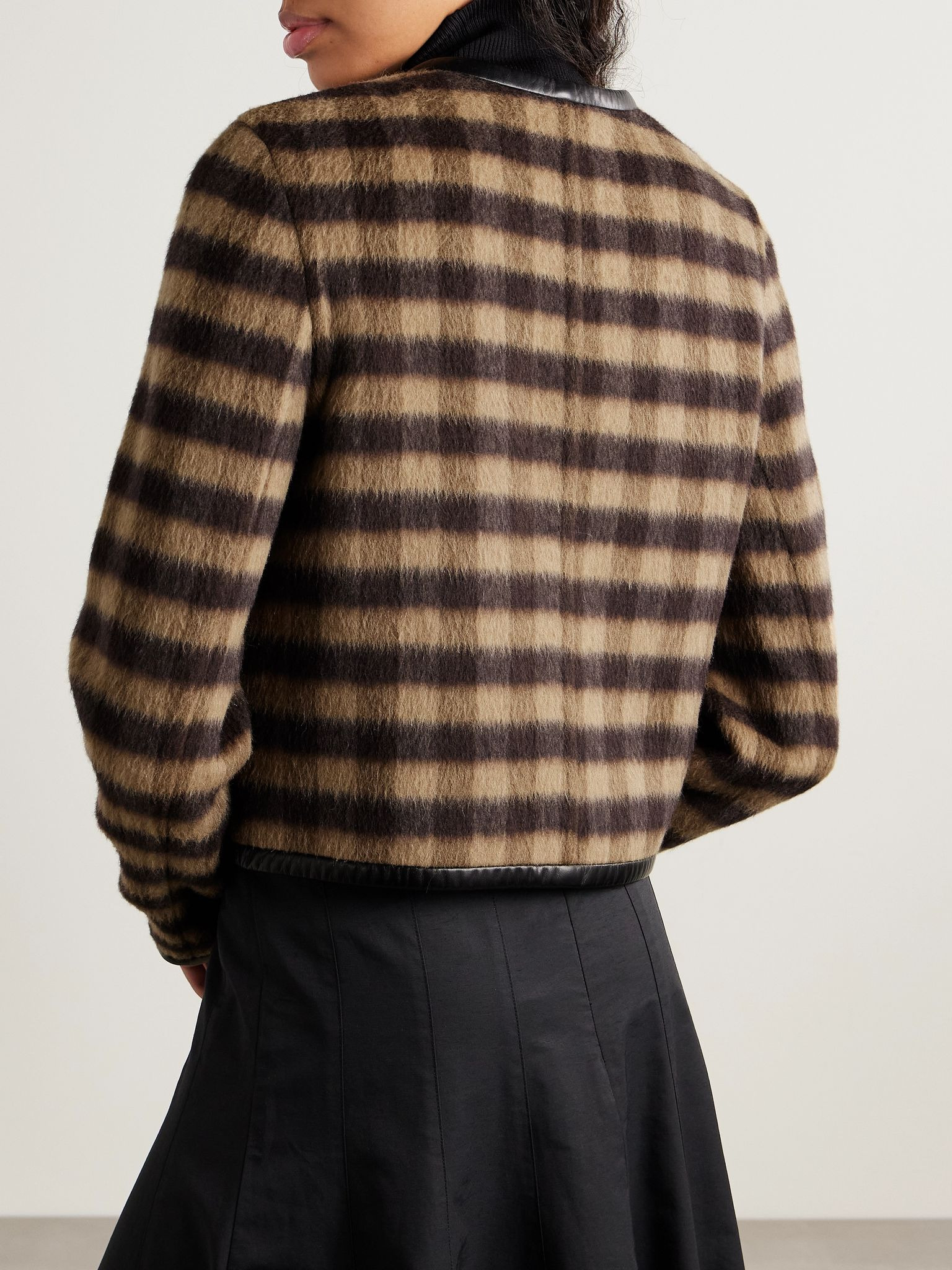 Helene leather-trimmed checked brushed woven jacket Brown - 3