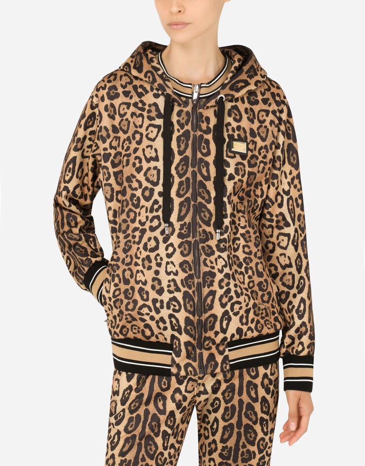 Zip-up jersey hoodie with leopard print - 4