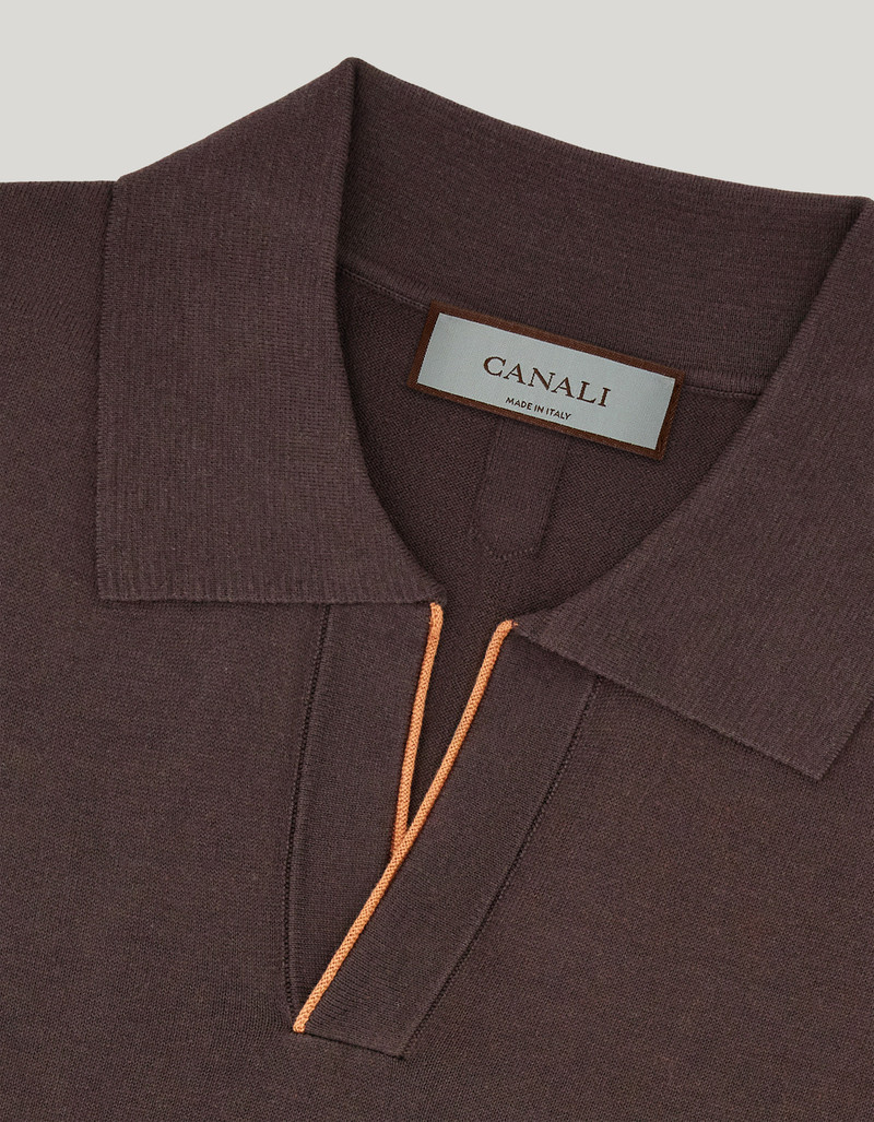 BROWN COTTON AND SILK POLO SHIRT WITH CONTRASTING PIPING 5