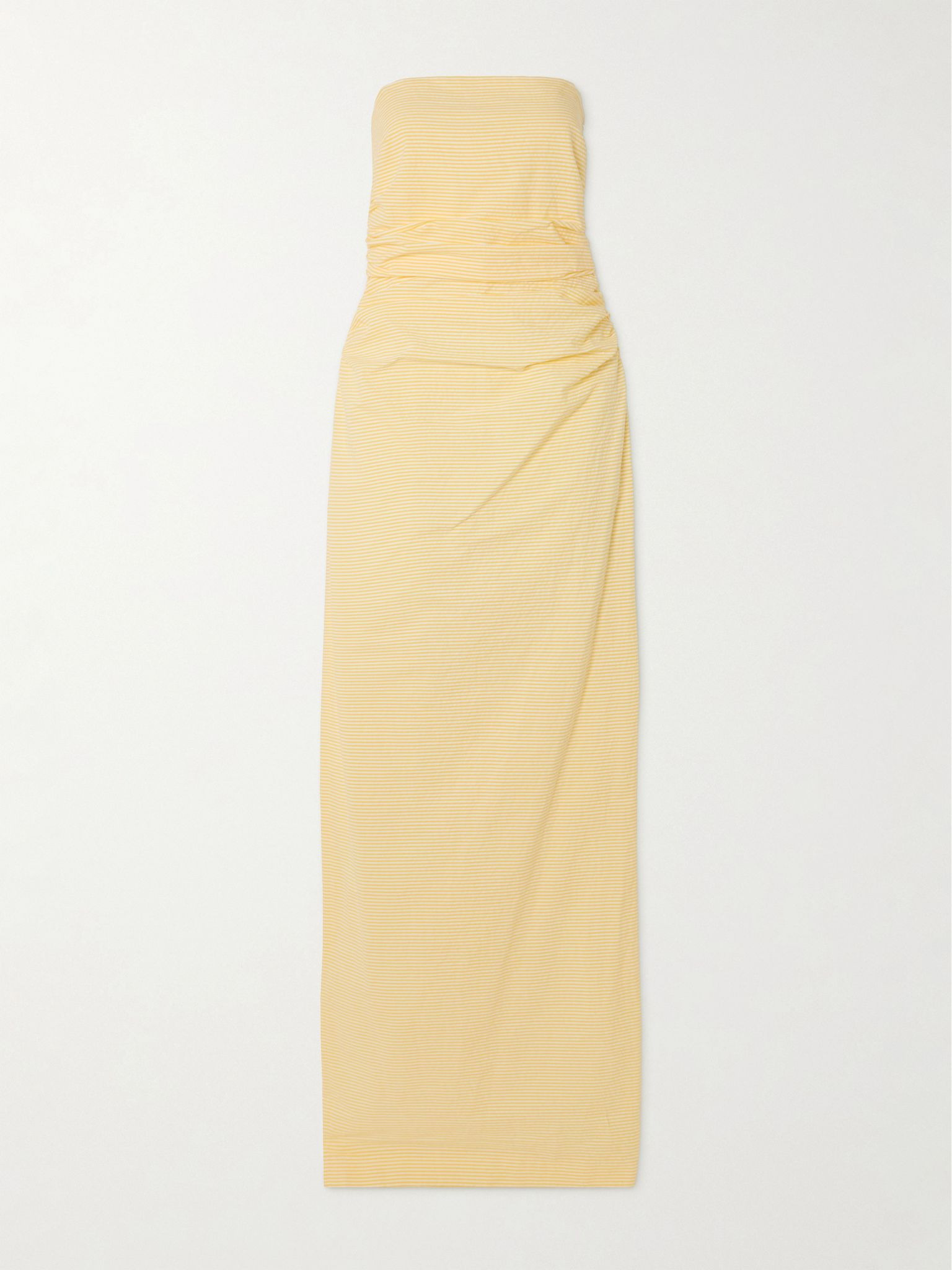 Vera strapless ruched striped cotton-seersucker maxi dress Yellow - 1