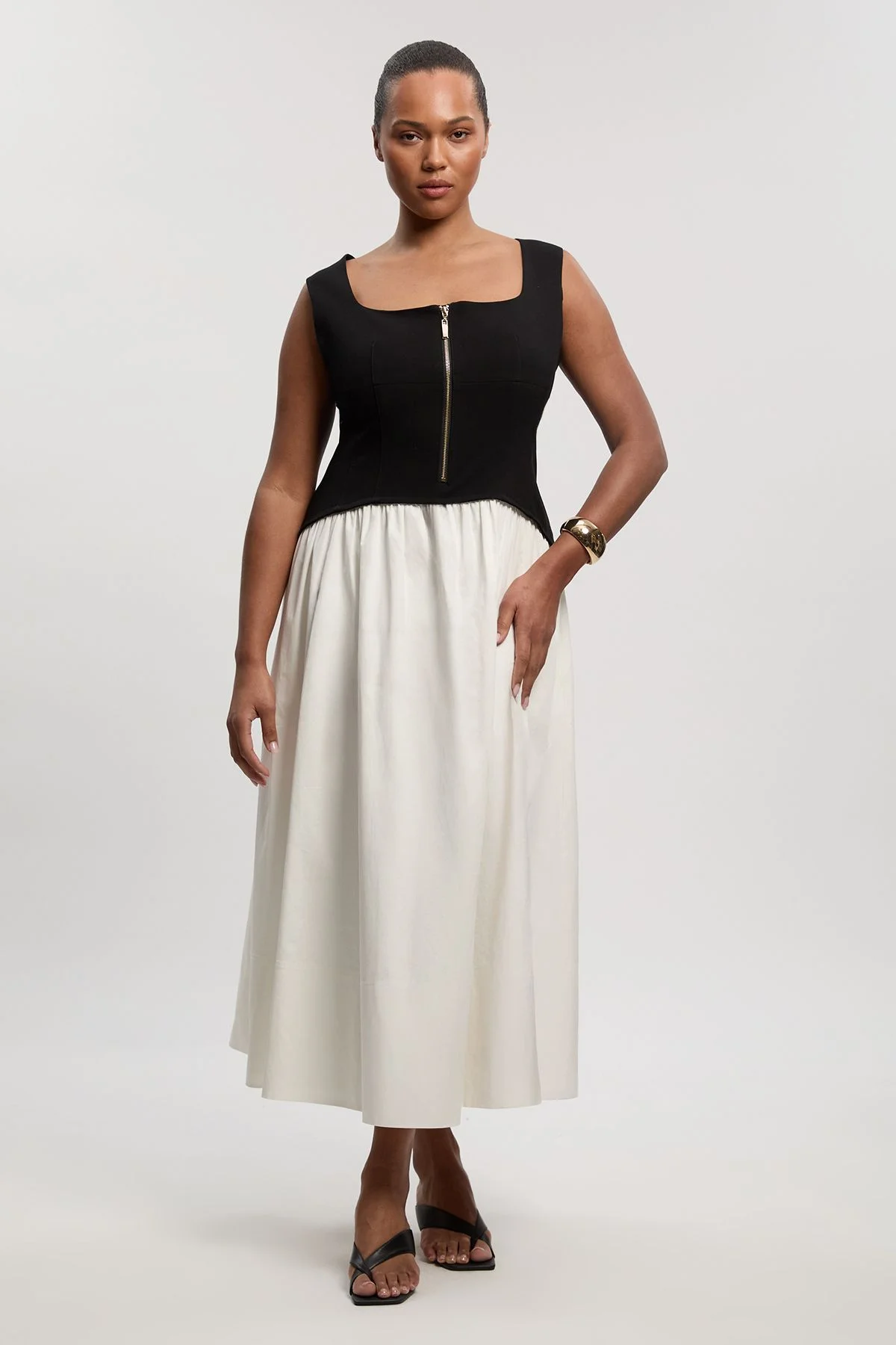 Plus Size Compact Stretch Cotton Mix Tailored Full Skirted Midi Dress - 1