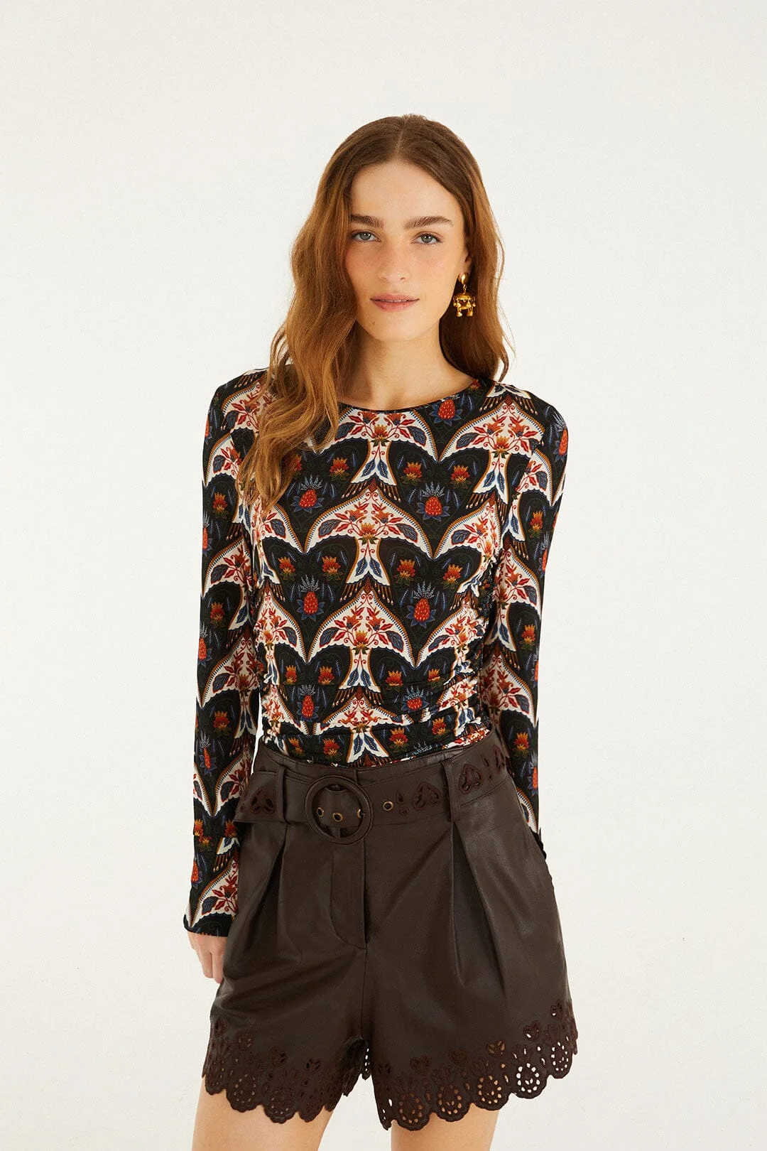 Black Porcelain Birds Long Sleeve Jersey Blouse - 1