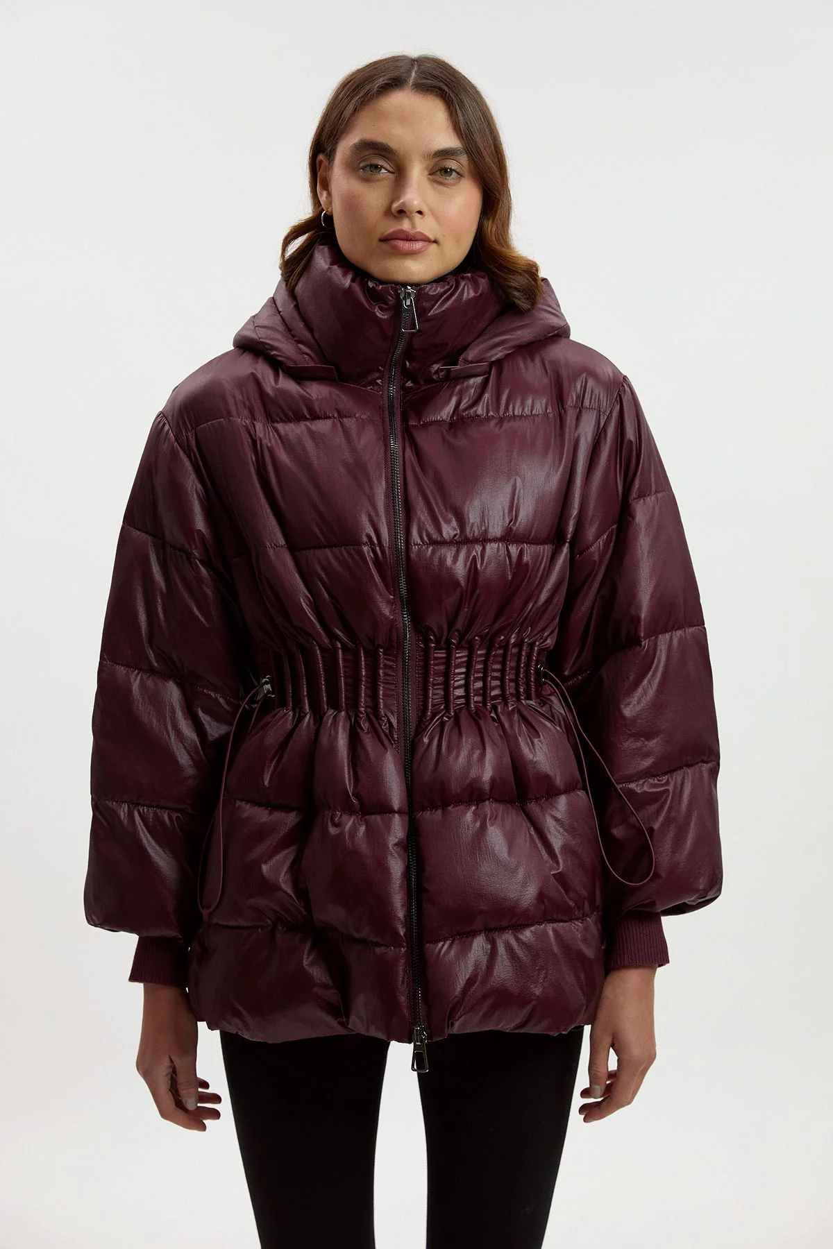 Quilted Drawstring Waist Hooded Rib Cuff Puffer Jacket - 1