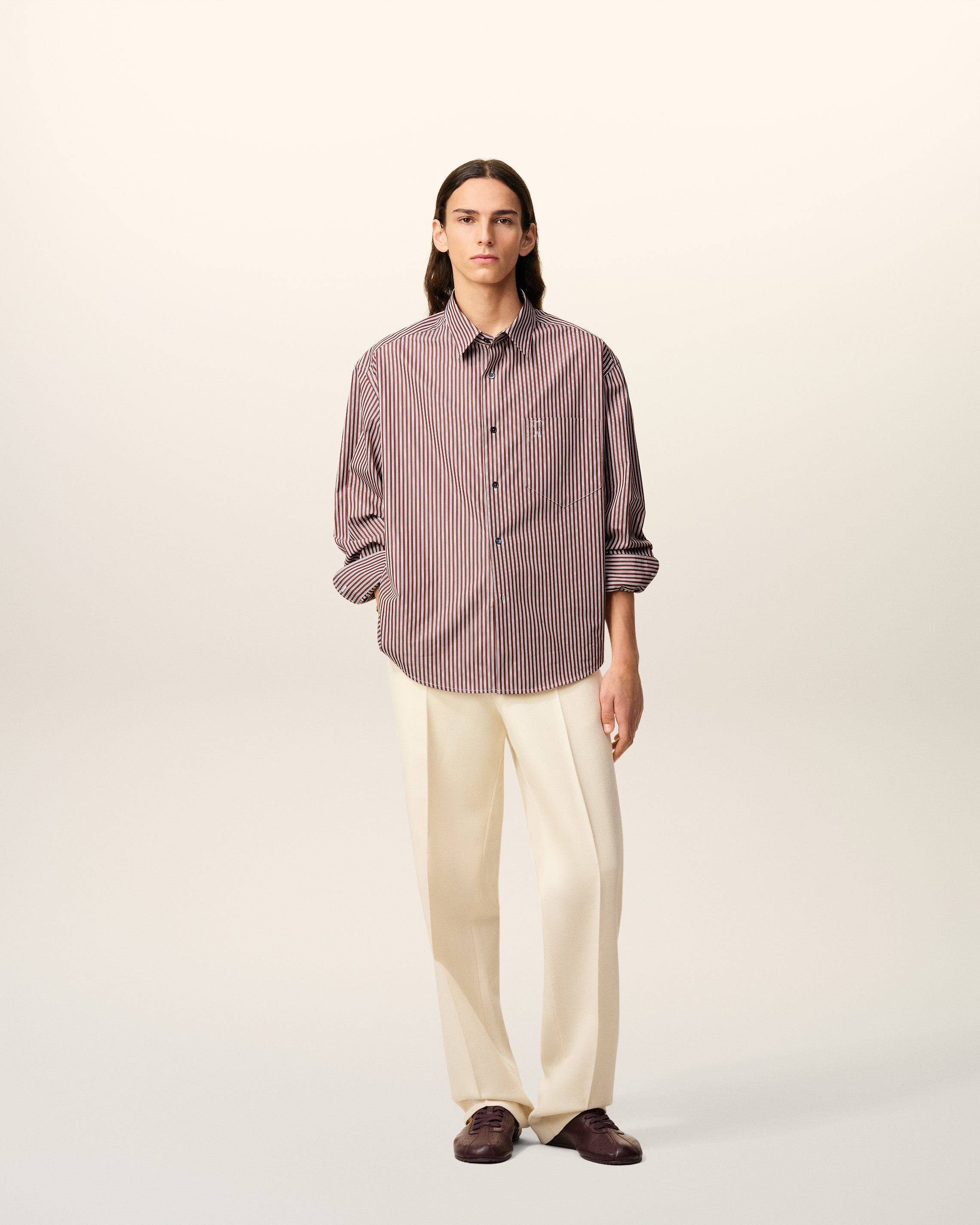 BURGUNDY COTTON EMBOSSED AMI DE COEUR STRIPED BOXY SHIRT - 2