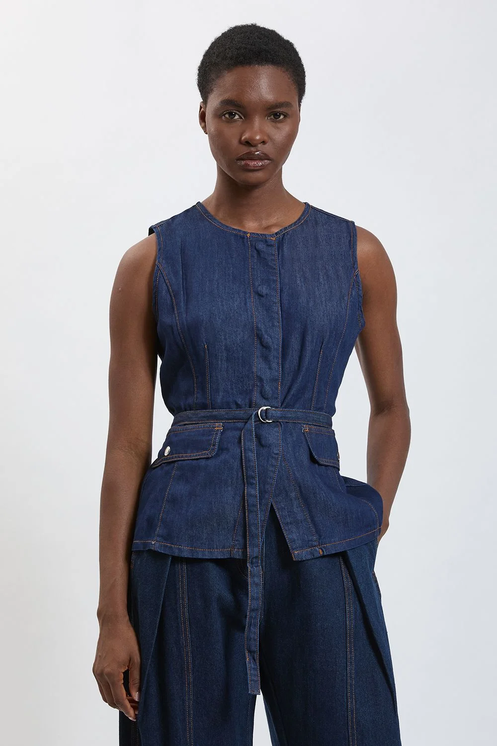 Utility Denim Pleated Sleeveless Top - 1