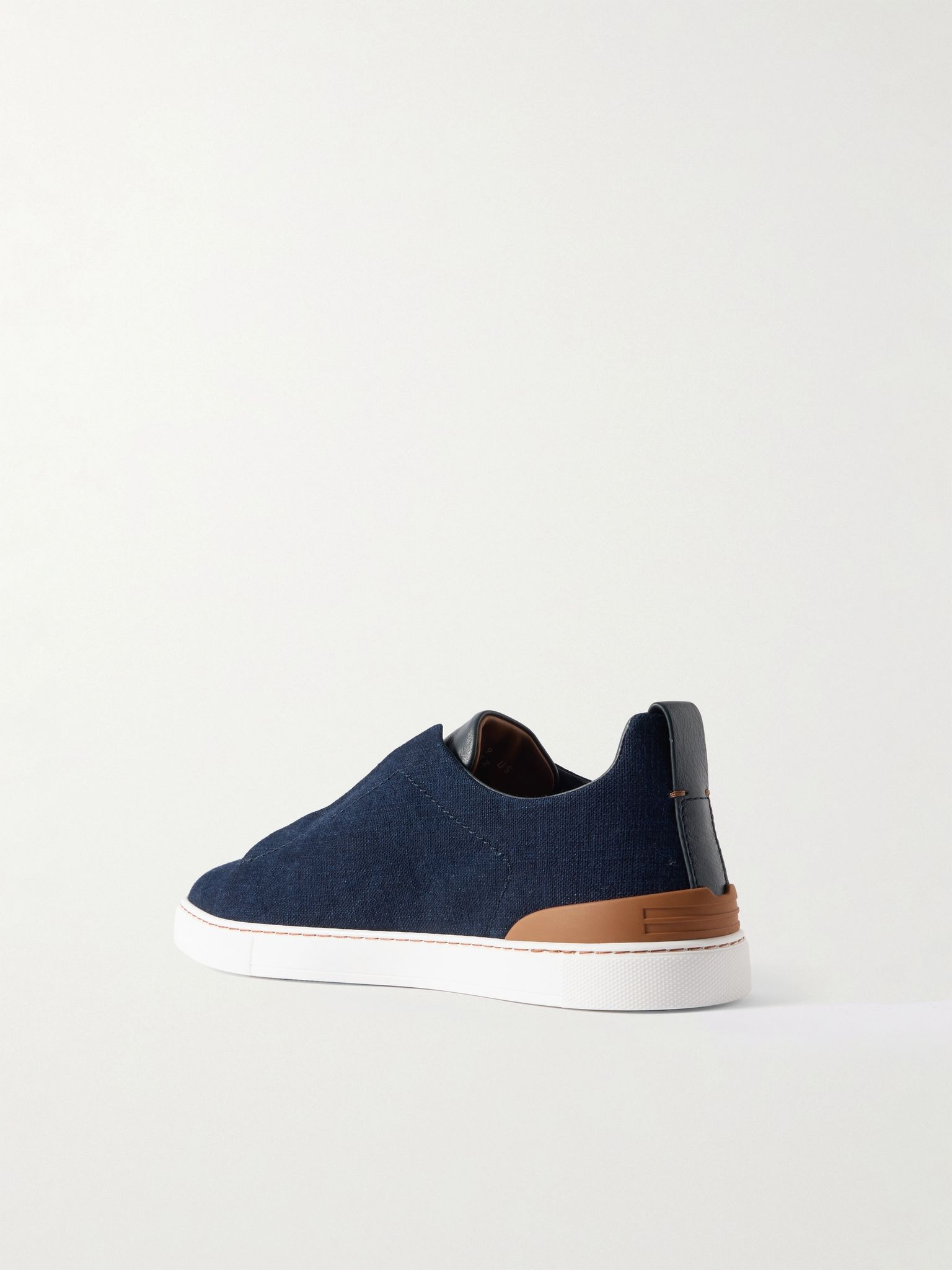 Triple Stitch Leather-Trimmed Canvas Sneakers Navy - 4