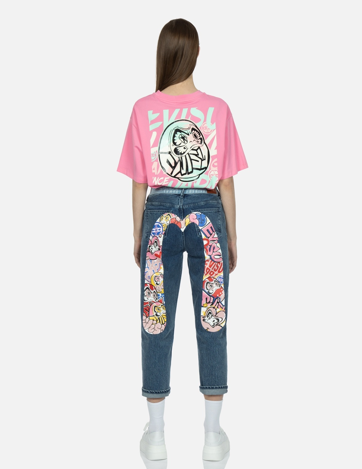 GRAFFITI DARUMA DAICOCK PRINT TWO-TONE JEANS - 5