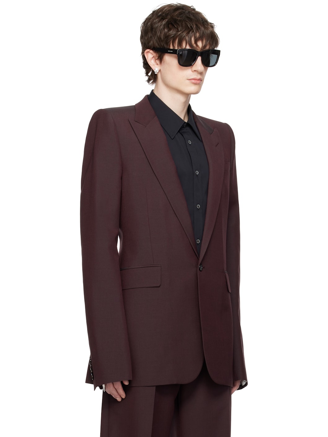 Burgundy Stacked Shoulder Single-Breasted Blazer - 2