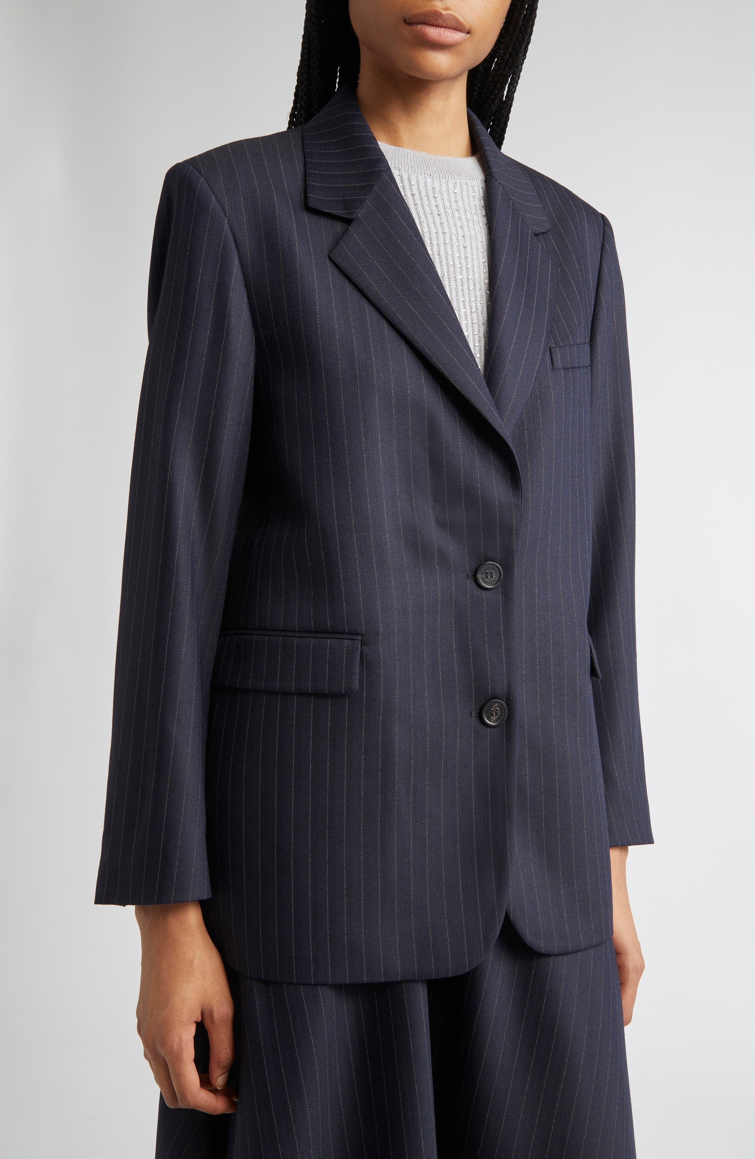 Golden Goose Journey Pinstripe Wool Blend Blazer in Dark Navy at Nordstrom - 5