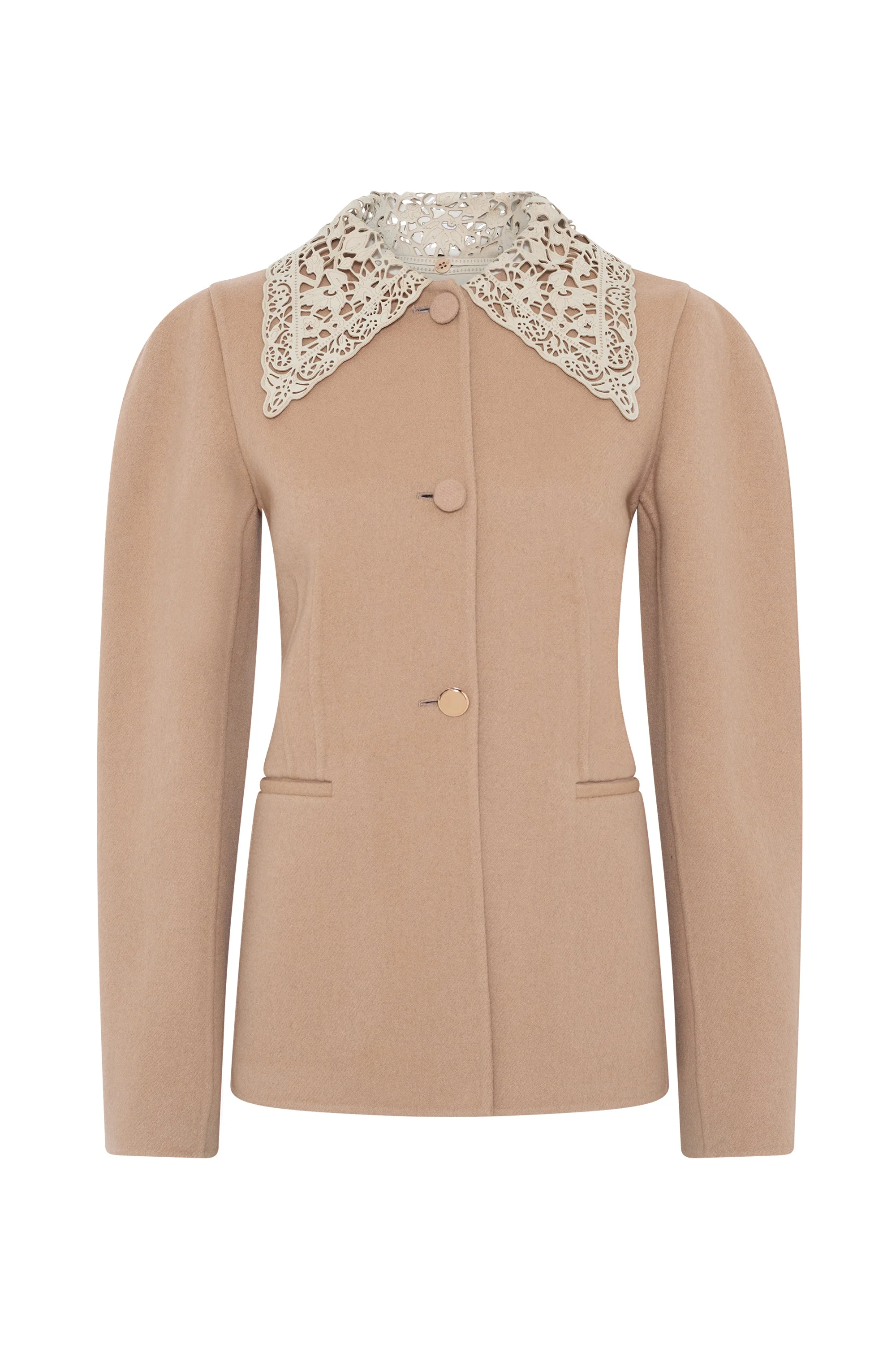 Daelan Jacket in Camel Double-face Recycled Cashmere with Suede Lace Collar - 1