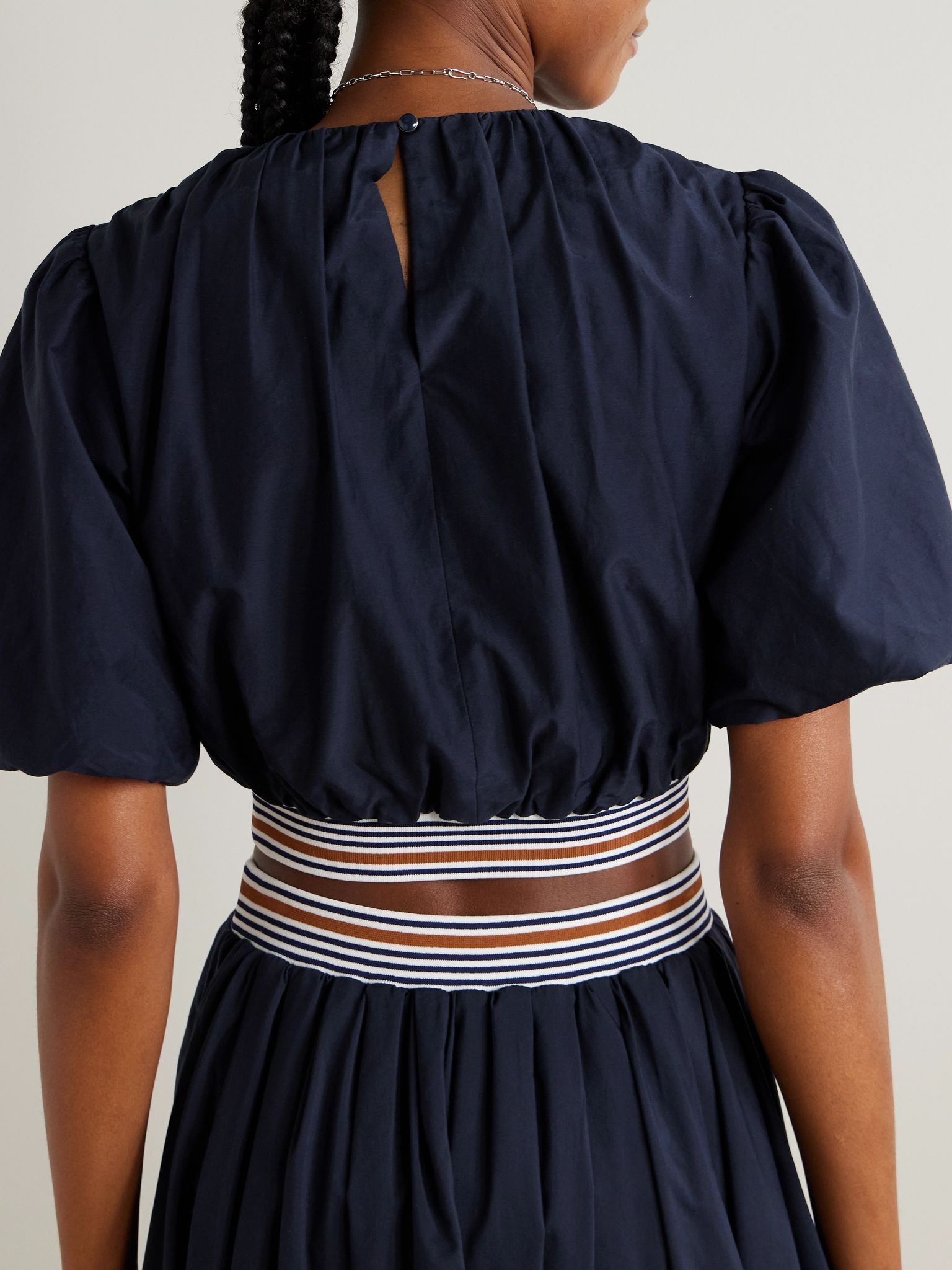 Gabriela cropped striped cotton and silk-blend blouse Navy - 3