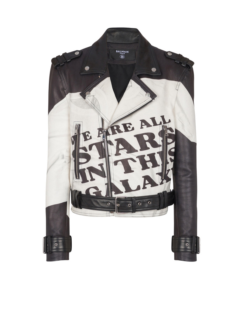 Leather biker jacket with trompe-l'œil T-shirt print 1