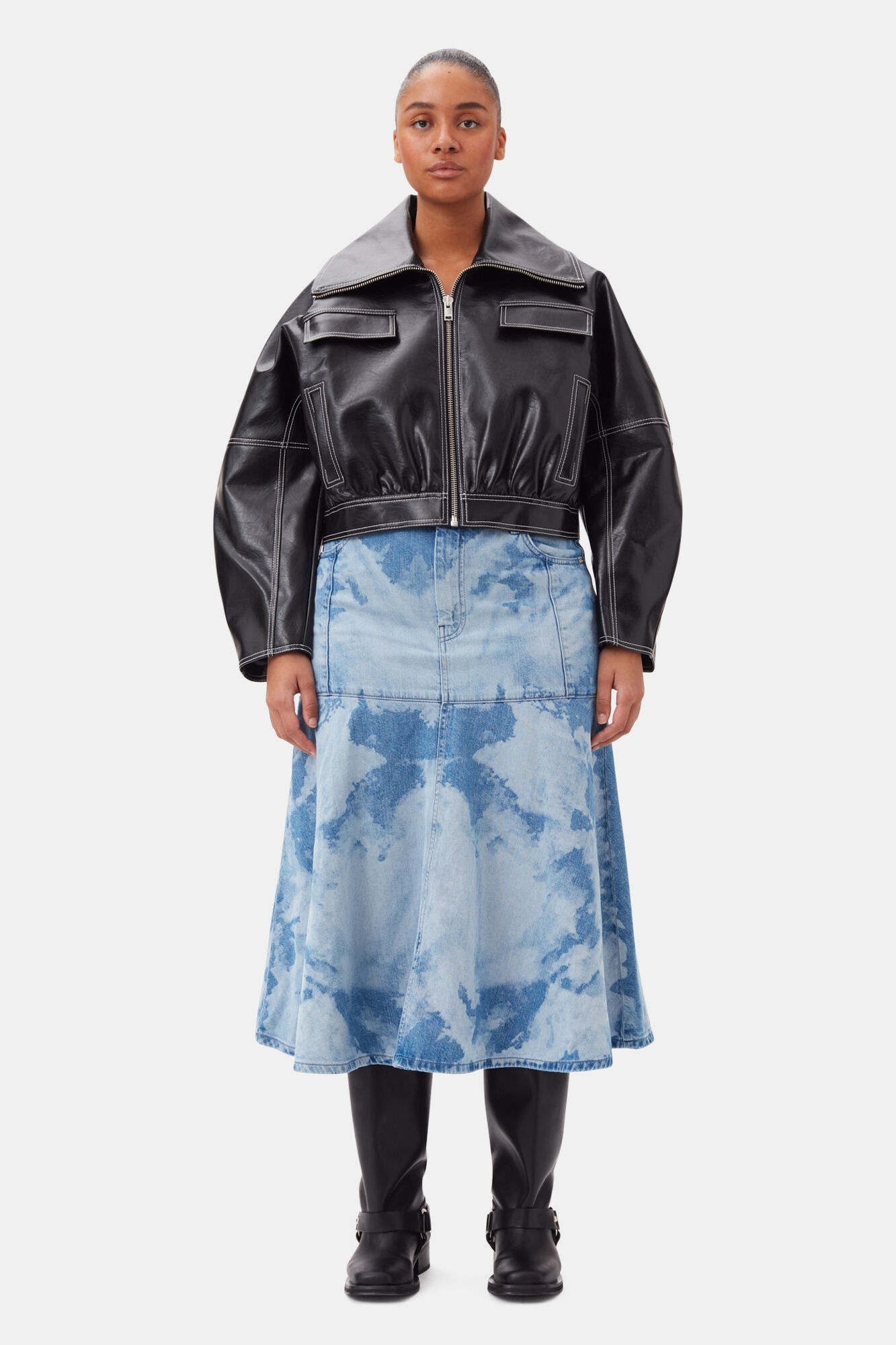 BLUE BLEACH DENIM FLOUNCE MIDI SKIRT - 6