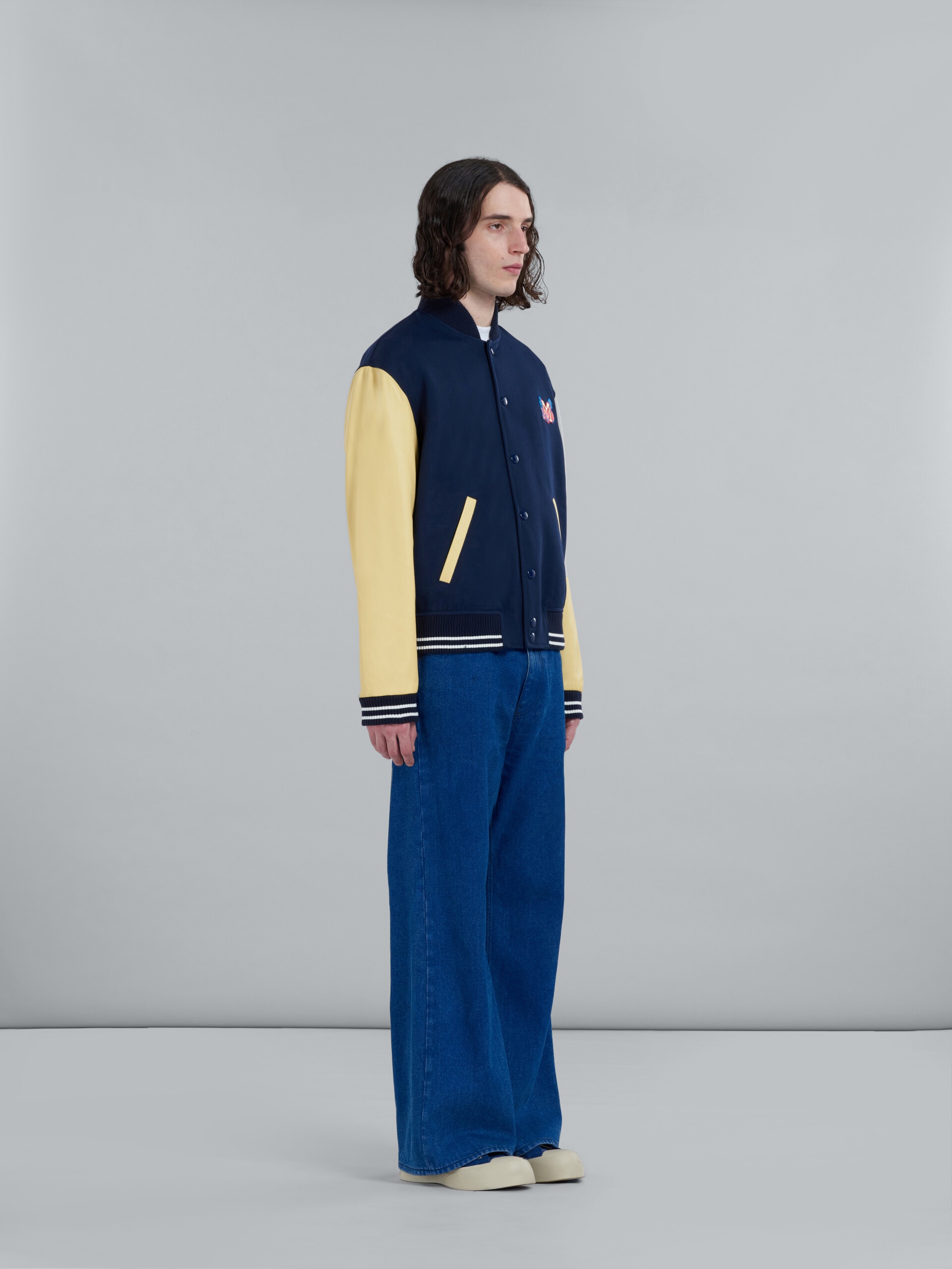 BLUE CAVALRY WOOL VARSITY JACKET WITH LEATHER SLEEVES - 6