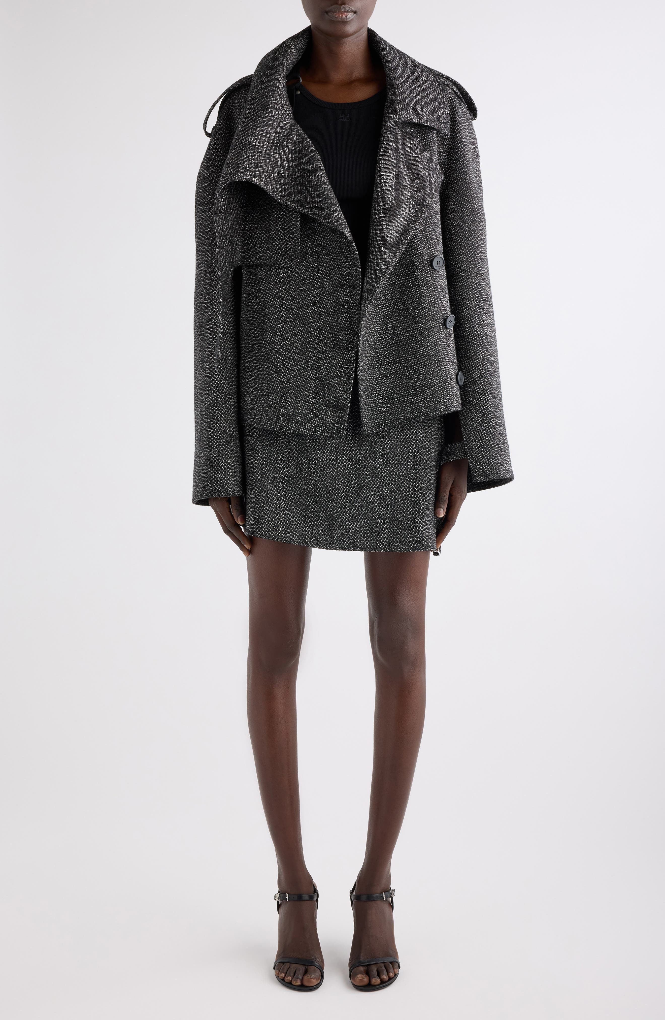 Courrèges Oblique Caviar Wool Coat in Black/Heritage White at Nordstrom - 2
