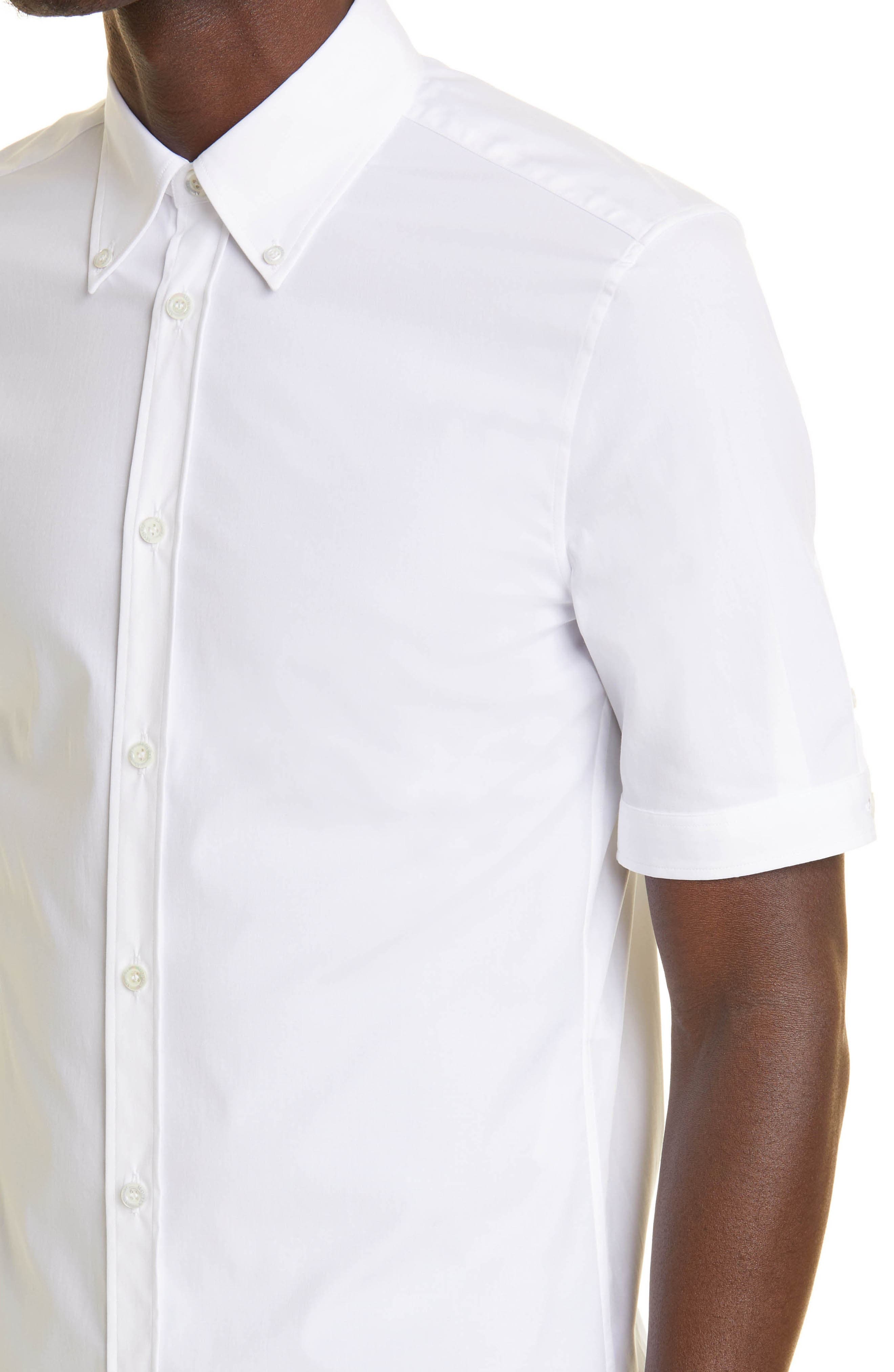 Alexander McQueen Short Sleeve Cotton Stretch Poplin Button-Down Shirt in White at Nordstrom, Size 1 - 4