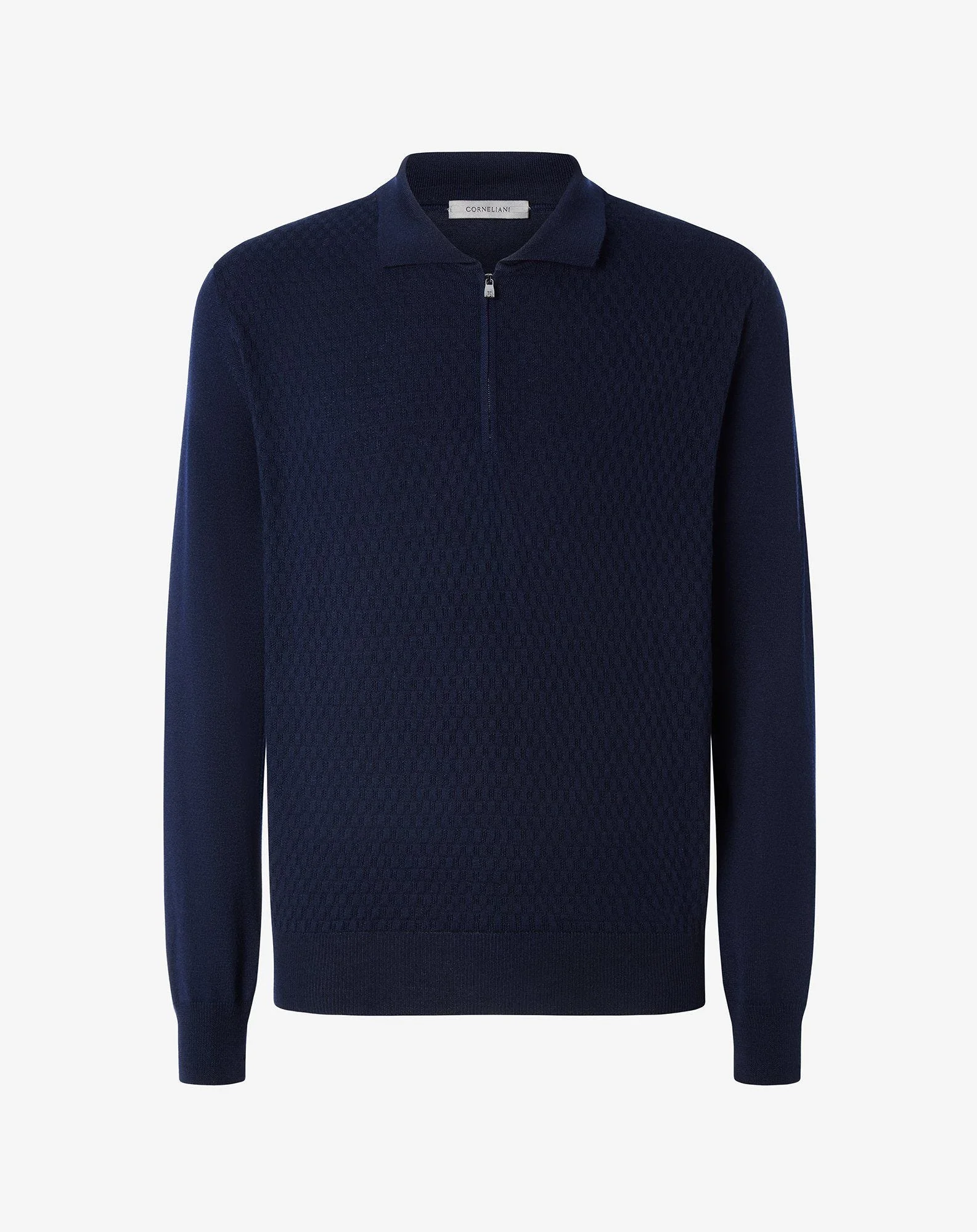 Navy blue zip-up pure extra fine wool polo shirt - 1