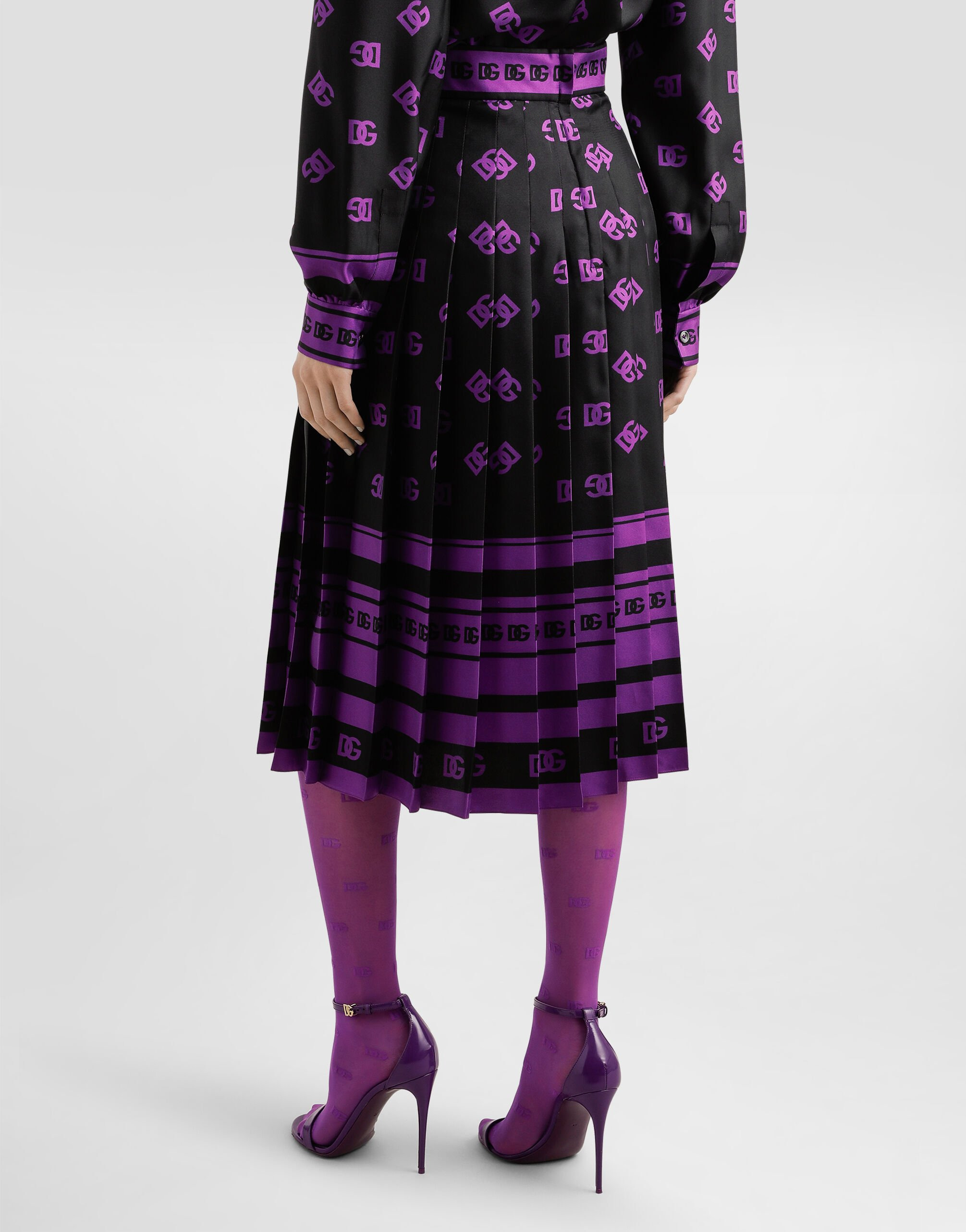 DG logo-print long pleated silk skirt - 3