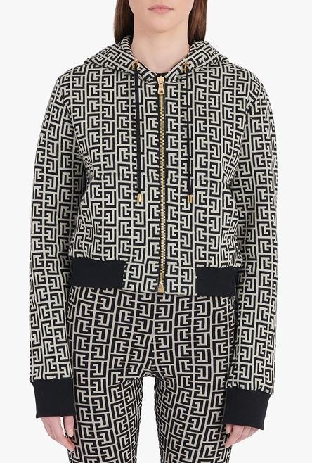 Cropped hooded cotton sweatshirt with ivory and black Balmain monogram - 5