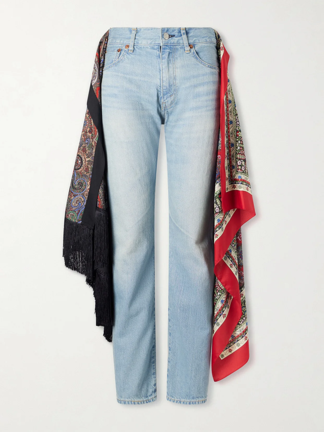 Scarf-detailed Fringed Mid-rise Straight-leg Jeans - 1